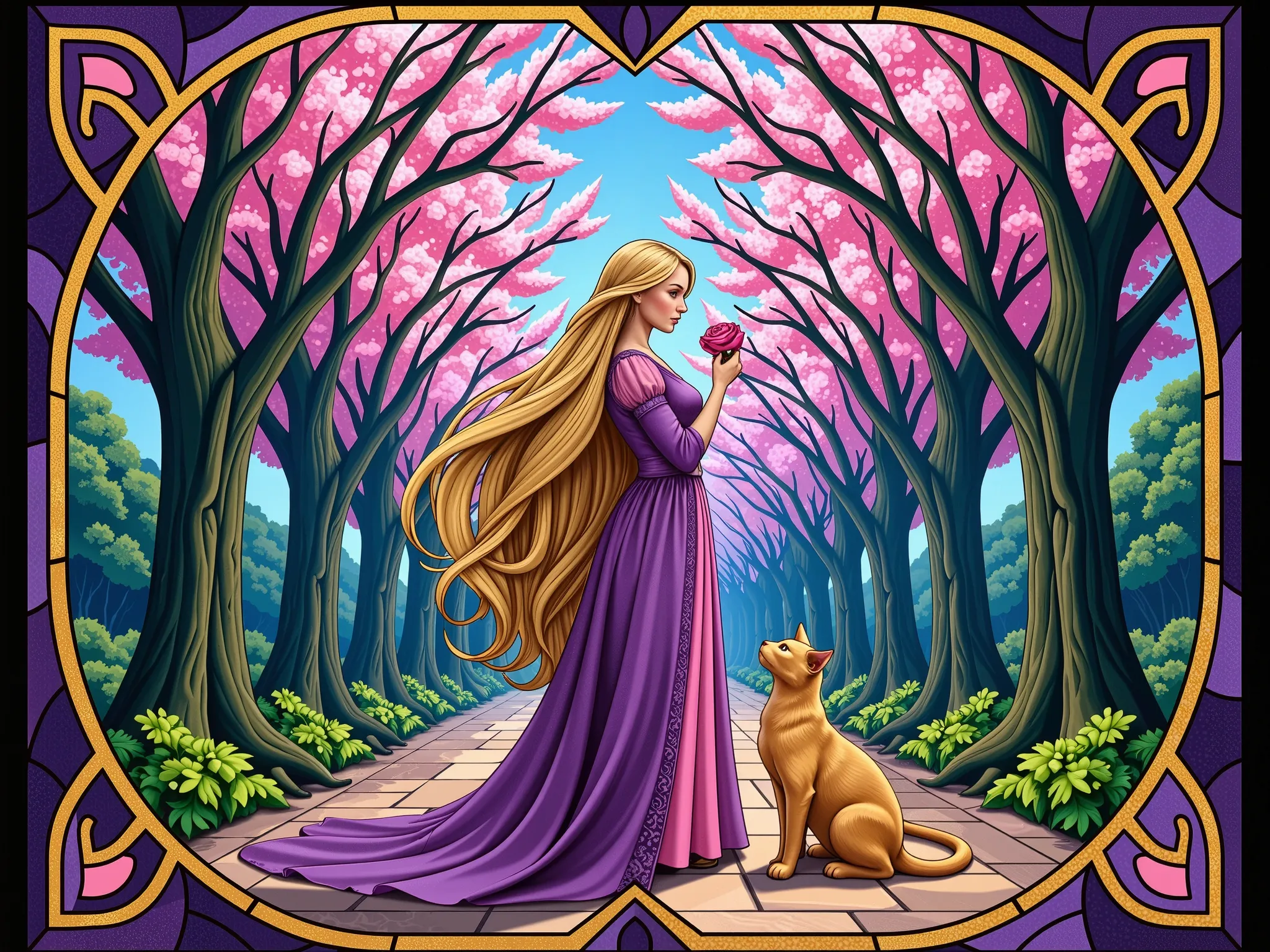 long, Flowing blonde hair . She wears a medieval-inspired gown in hues of purple and pink, Features elaborate patterns and lace detailing. The woman delicately holds a single pink rose in her hand, the cat is placed slightly to the right. Her serene expre...
