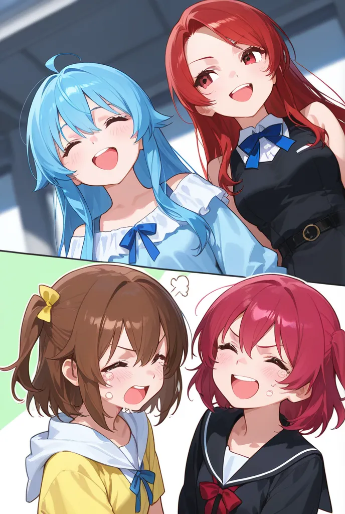 4 girls taken、one is an angry girl、one is a laughing girl、one is a crying girl、One is a happy girl
