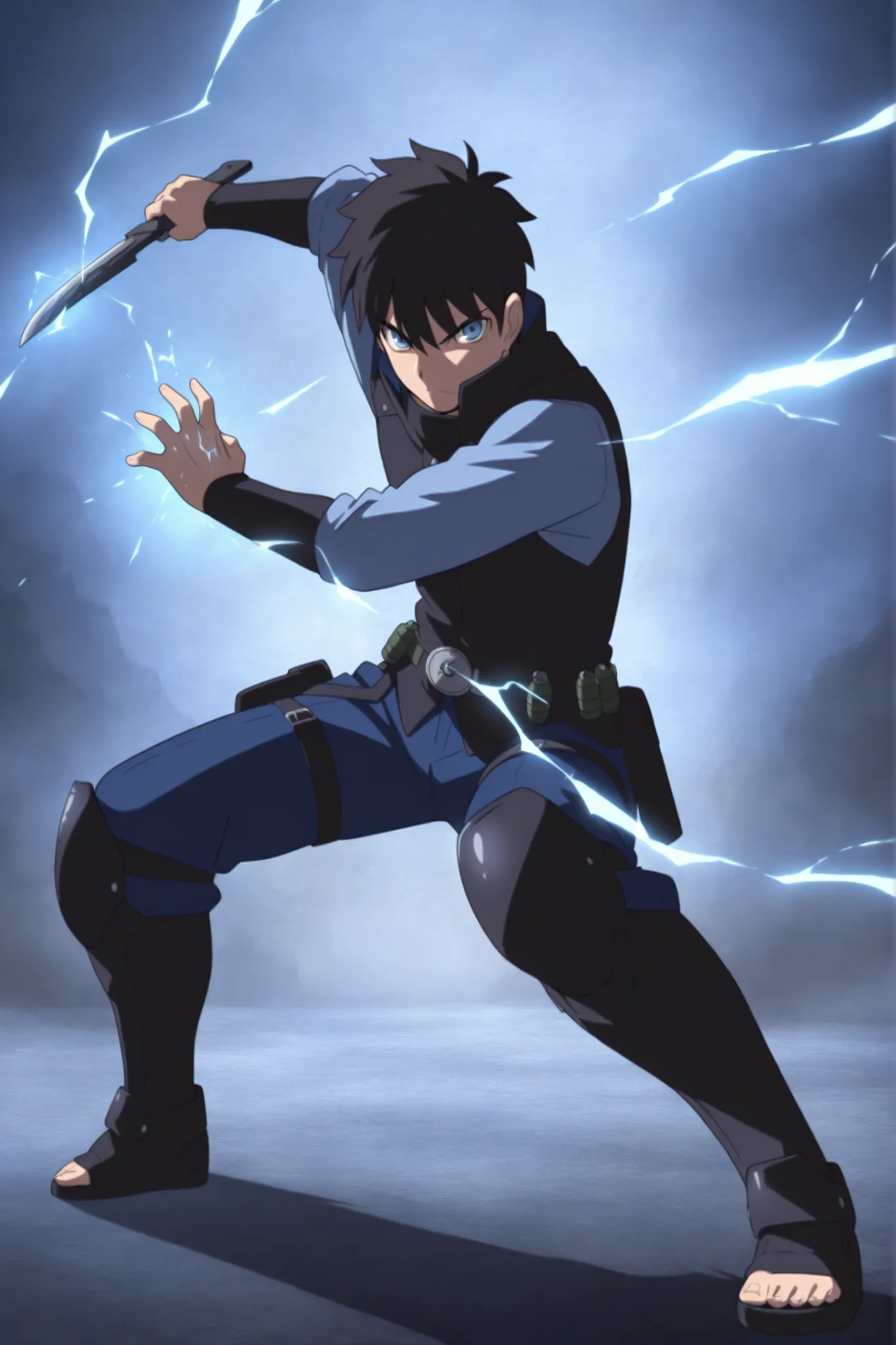 (masterpiece,best quality,ultra_detailed,highres,absurdres:1.2,amazing quality,very aesthetic),tohno shiki,1boy,solo,black hair,short hair,blue eyes,serious,,blue black pants,holding knife,fighting stance,full body, dark thick high collar black armored com...