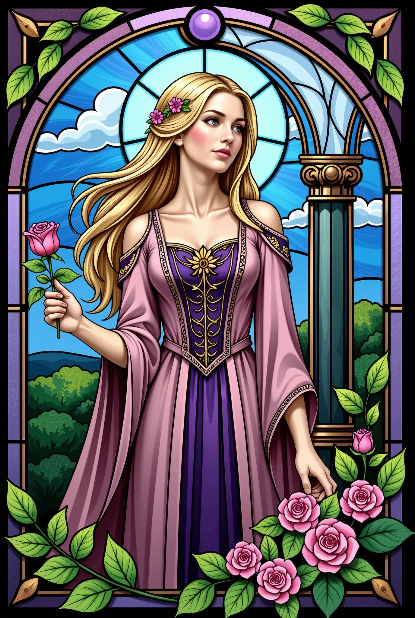 2
The intricately designed stained glass piece features、Long flowing blonde hair。 She is wearing a worldly style gown in shades of purple and pink, but、elaborate patterns and lace details。 The woman delicately holds a single pink rose in her hand、I'm pensi...