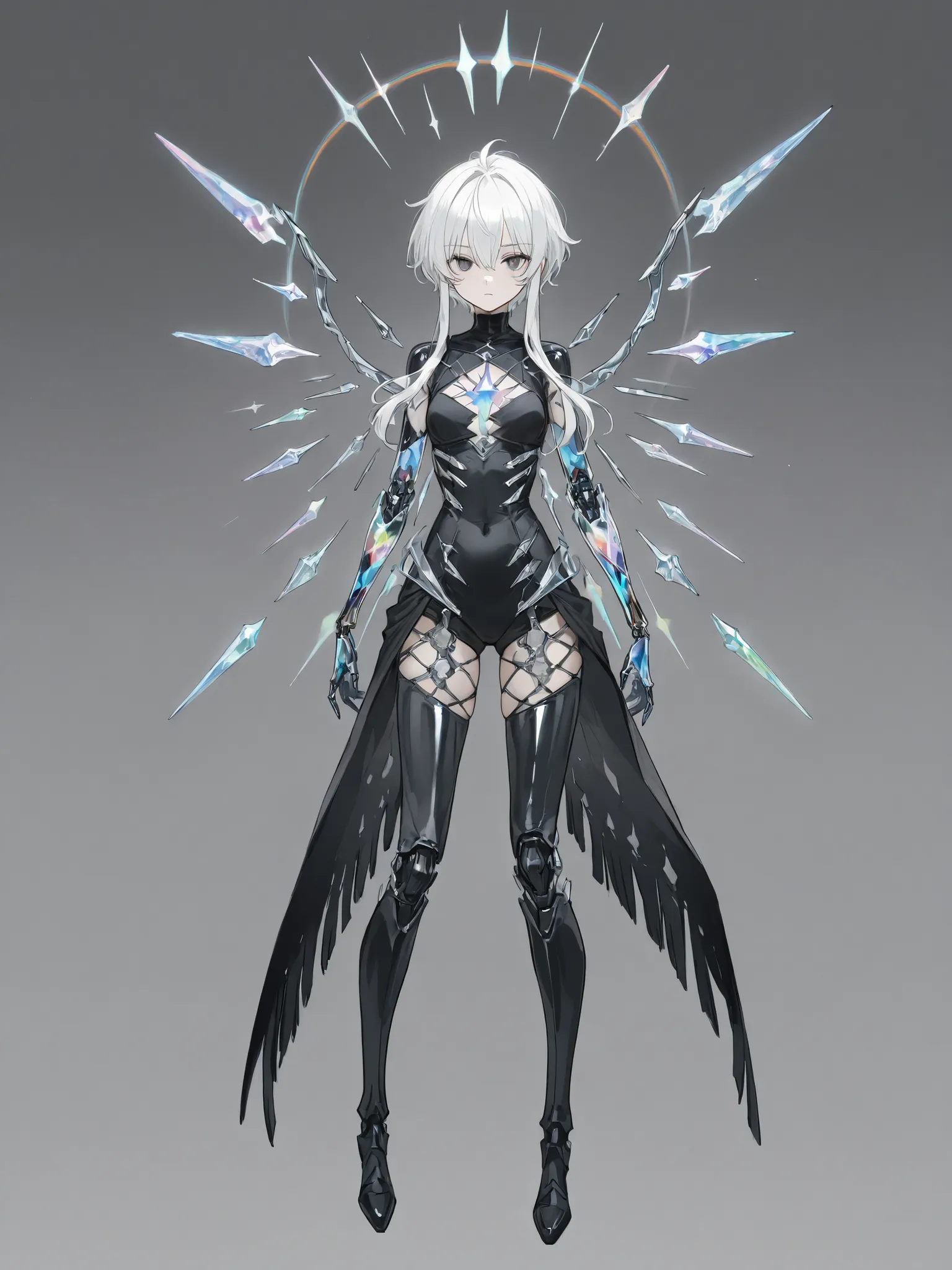 Linda garota adulta, short white hair with long locks and fringe, olhos cinza claro, empty and expressionless look, wearing a costume made of rainbow crystal, with a centered and fused rainbow crystal in the middle of the chest with crystal veins, futurist...