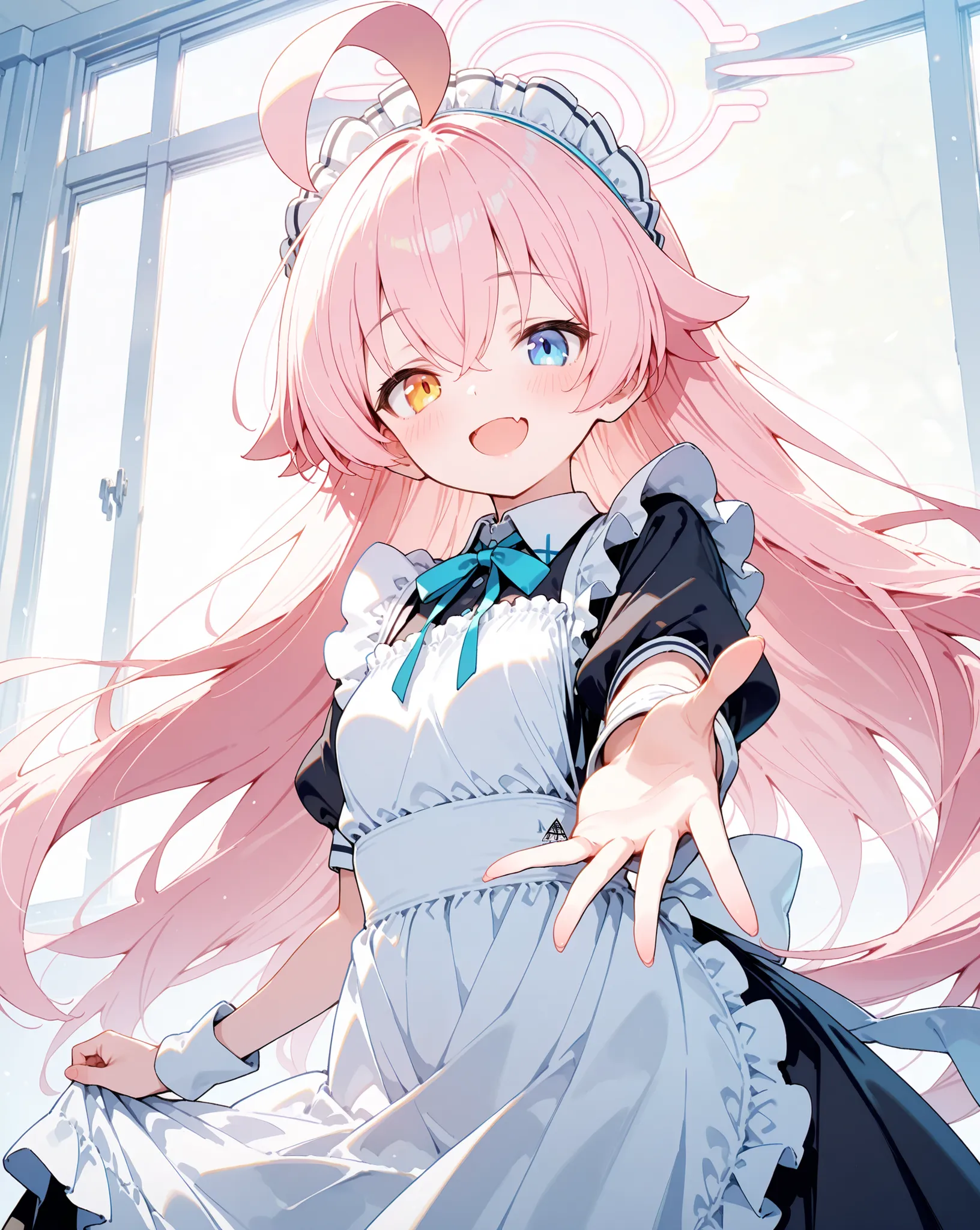  masterpiece, excellent quality, en iyi kalite, is absolutely glamorous, ridiculous results, blue archive'dan Takanashi Hoshino, pink hair color, Small breasts, lass , 1 girl, dressed in white traditional maid uniform, us outstretched hand, shamed , solo, ...