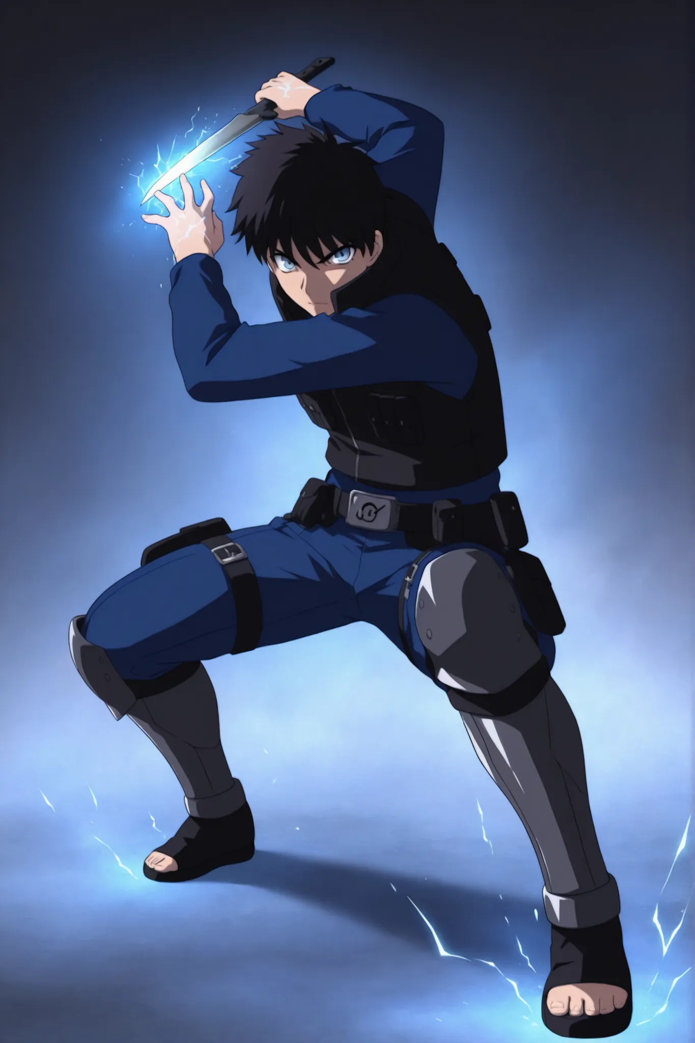 (masterpiece,best quality,ultra_detailed,highres,absurdres:1.2,amazing quality,very aesthetic),tohno shiki,1boy,solo,black hair,short hair,blue eyes,serious,,blue black pants,holding knife,fighting stance,full body, dark thick high collar black sci-fi armo...
