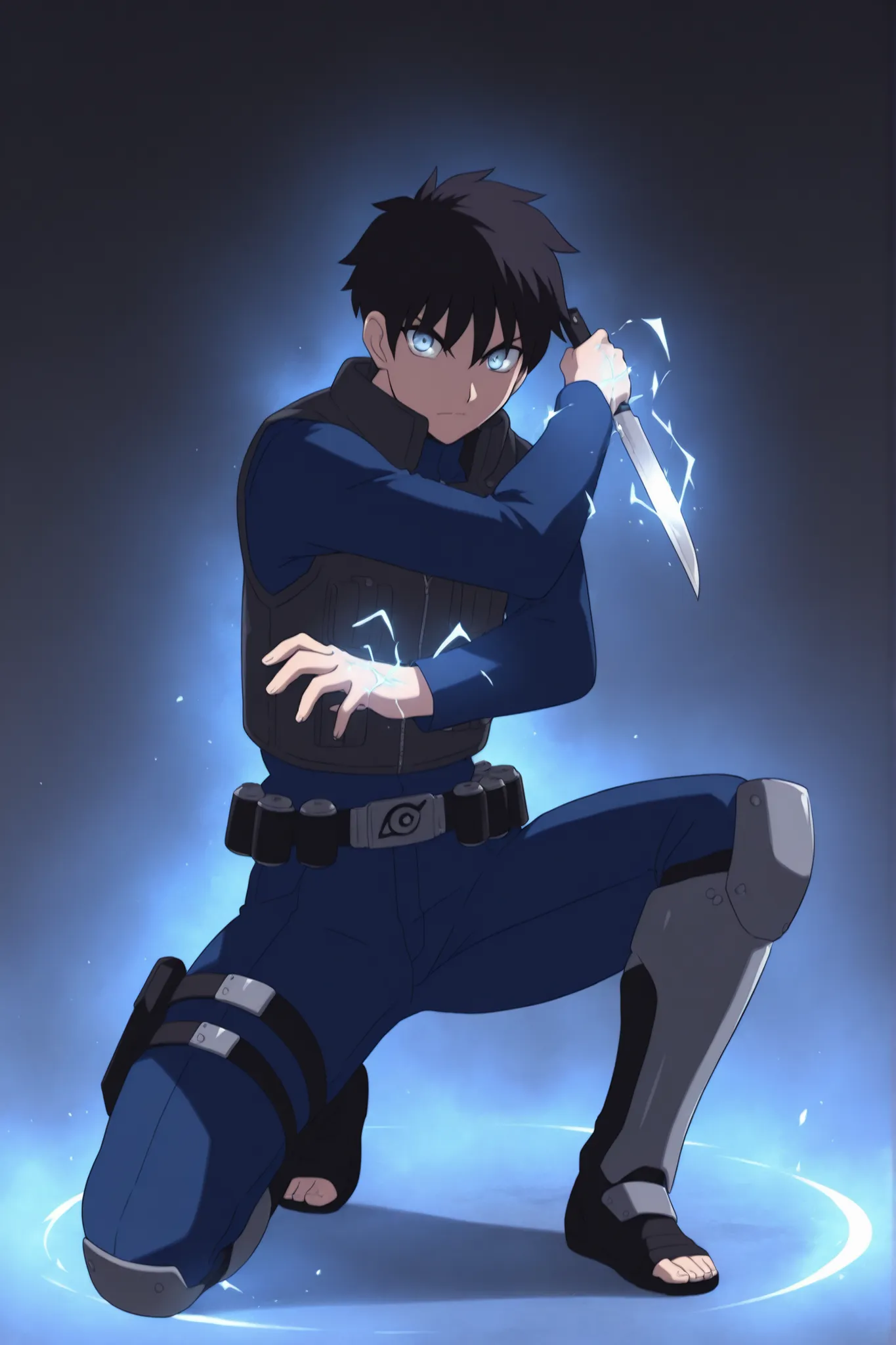 (masterpiece,best quality,ultra_detailed,highres,absurdres:1.2,amazing quality,very aesthetic),tohno shiki,1boy,solo,black hair,short hair,blue eyes,serious,,blue black pants,holding knife,fighting stance,full body, dark thick high collar black sci-fi armo...