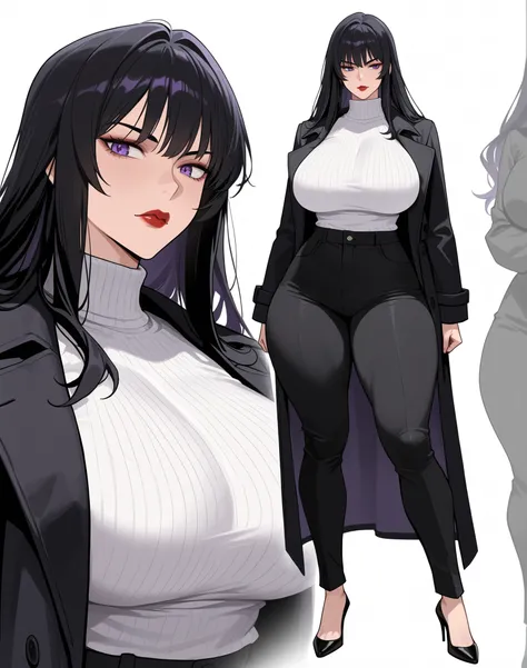  1 woman, Purple eyes, Almond-Shaped eyes, long black pants, black black Coat, unbuttoned Coat , neck height sweater, raven hair, long hair, black hair, red lips, Tall, thick thighs, big breasts, mature face, Big sister's vibes, Multiple Views, High heels