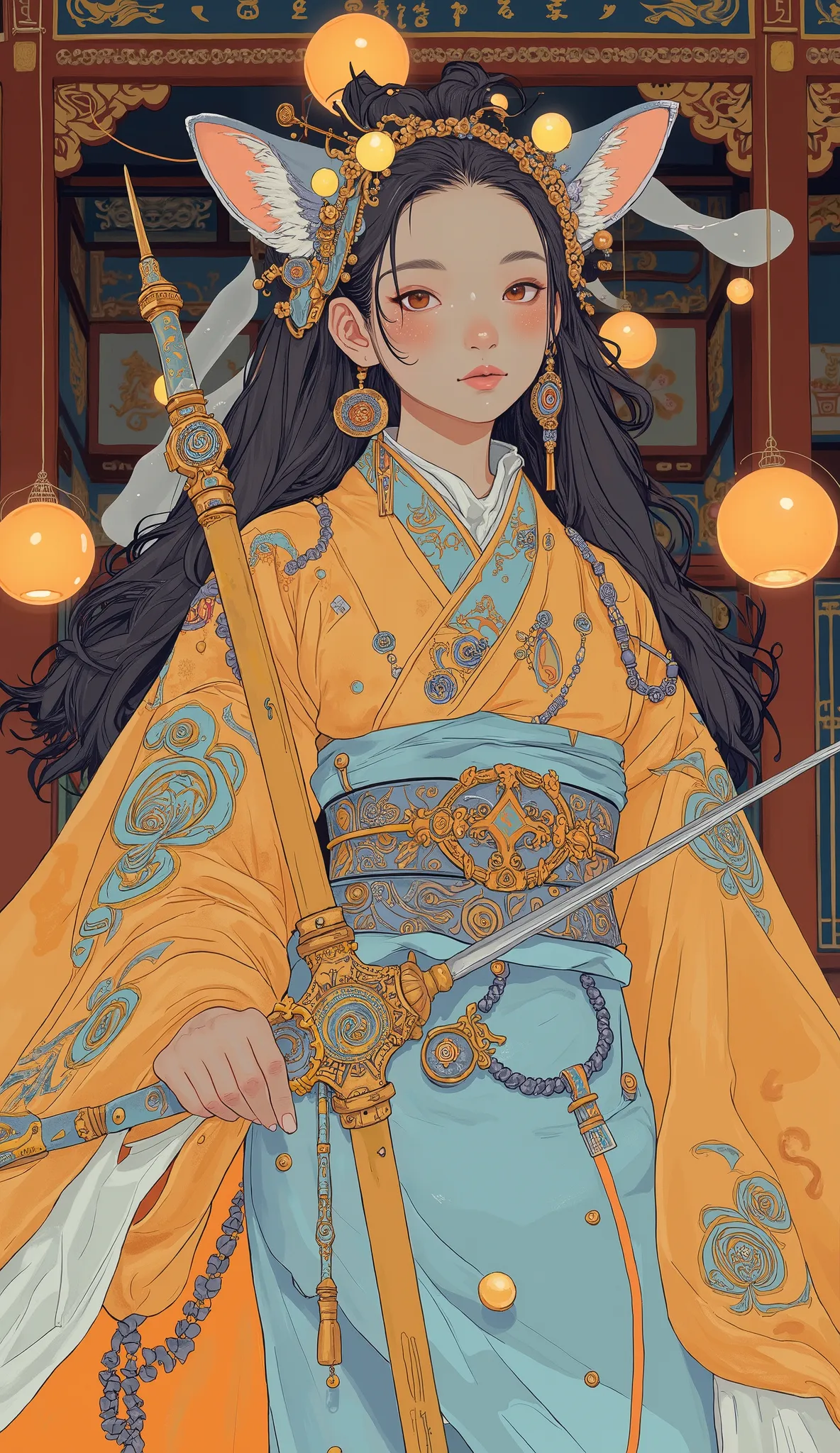 A woman in a costume holding a sword in a room , Japanese goddesses, Guido Daniele's kimono armor, Traditional beauty,  's ornate Korean pole arm  , In kimono, In kimono,  Extremely Beautiful Cyberpunk Samurai , traditional in Japan, palace ， Girl in Hanfu...