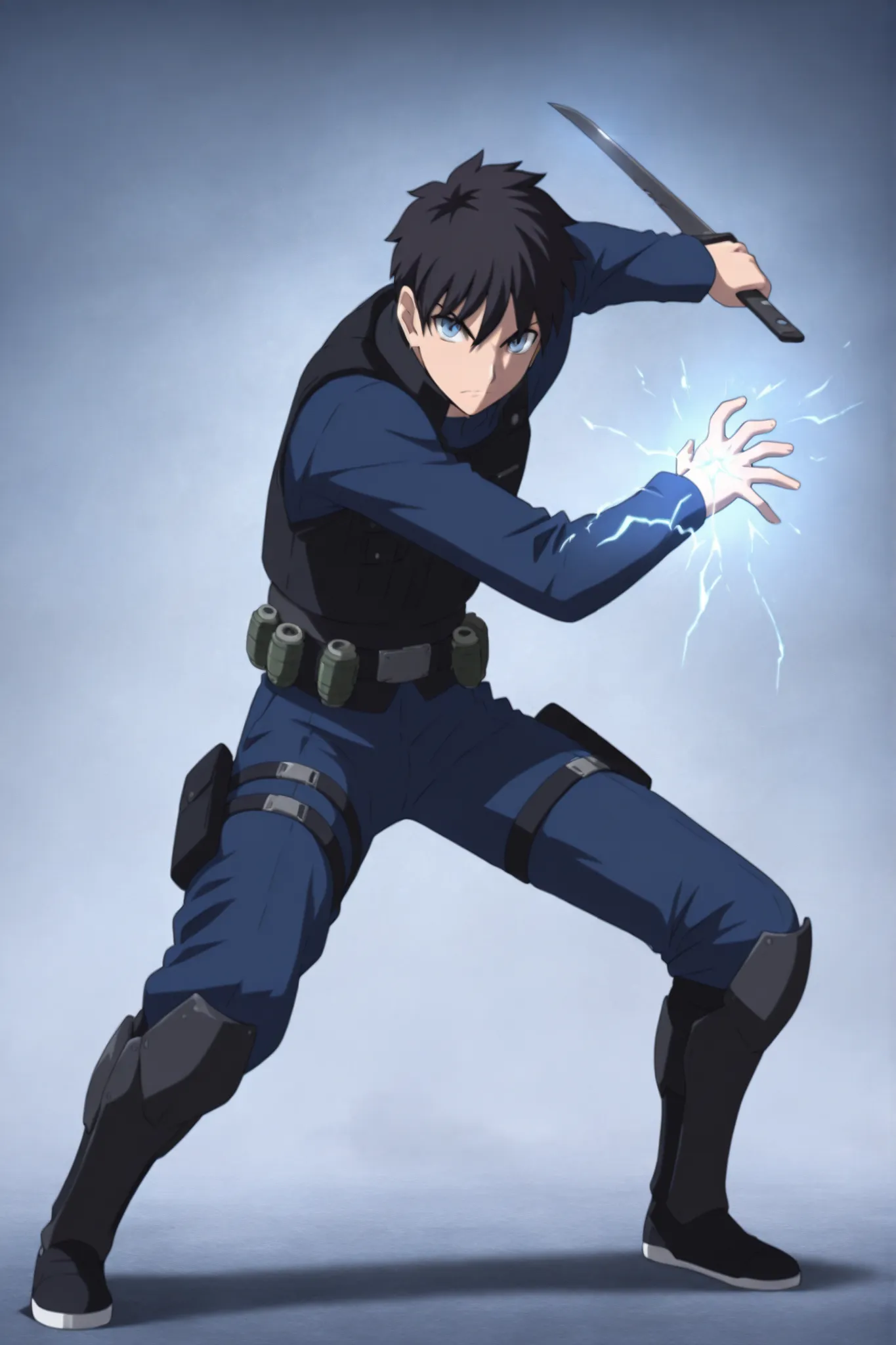 (masterpiece,best quality,ultra_detailed,highres,absurdres:1.2,amazing quality,very aesthetic),tohno shiki,1boy,solo,black hair,short hair,blue eyes,serious,,blue black pants,holding knife,fighting stance,full body, dark thick high collar black armored com...