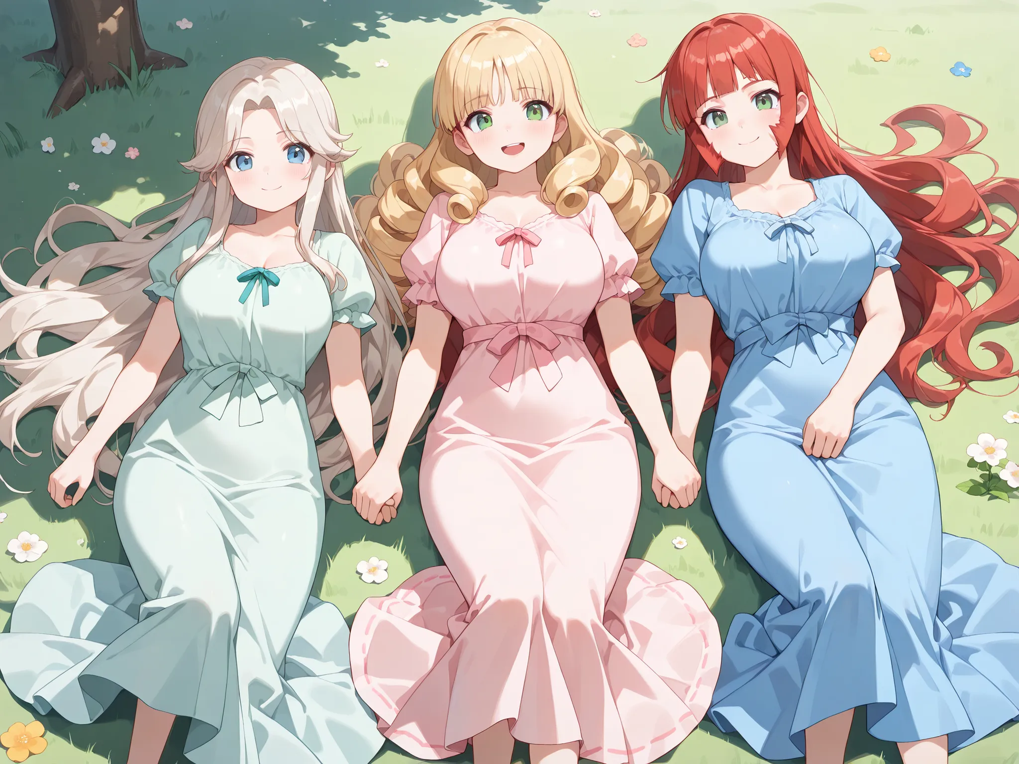 best image quality、High resolution、(perfect anatomy)、(ideal facial features)、(3 girls)、(girl with platinum blonde long hair, wept bangs, ((Long sideburns)), (big breasts),((spring-green long dress)))、( girl with red hair, blue eyes, wavy hair, medium breas...