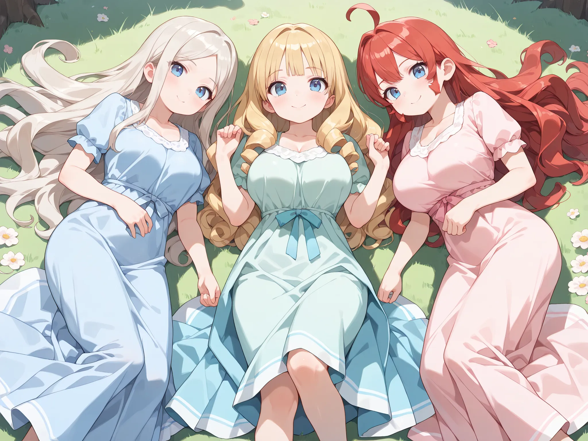 best image quality、High resolution、(perfect anatomy)、(ideal facial features)、(3 girls)、(girl with platinum blonde long hair, wept bangs, ((Long sideburns)), (big breasts),((spring-green long dress)))、( girl with red hair, blue eyes, wavy hair, medium breas...