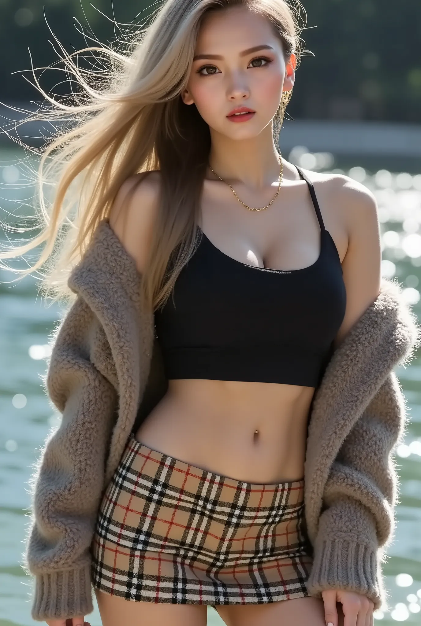 Cool Beauty, blonde, shiny, silky, wavy long hair,Passionate and explicit expression, charming eyes, Transcendental Style , large breasts:Gcap,Tight Hips,wearing a black wide crop top with open shoulders and an oversized knit, fluffy, girly sweater, Burbe...