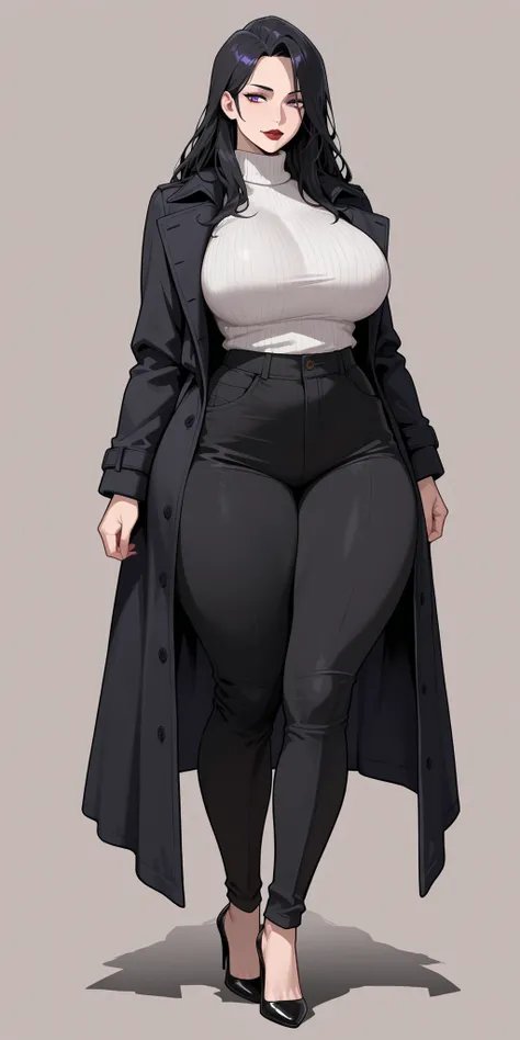  1woman, Purple eyes, Almond-Shaped eyes, long black pants, black black Coat, unbuttoned Coat , neck height sweater, raven hair, long hair, black hair, red lips, Tall, thick thighs, big breasts, mature face, mother's vibes, high heels