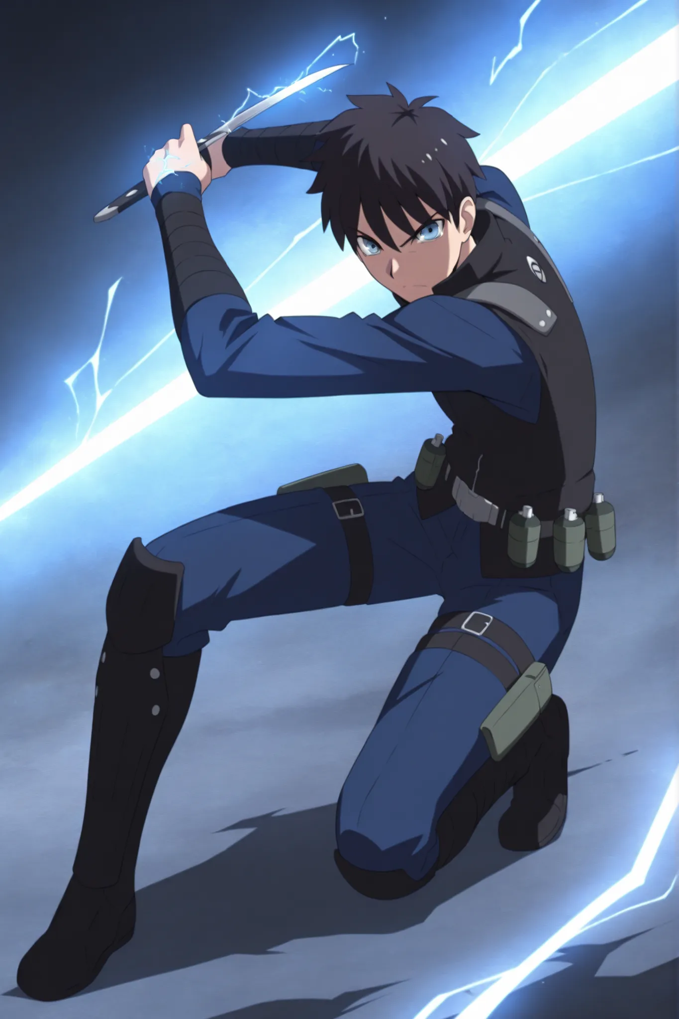 (masterpiece,best quality,ultra_detailed,highres,absurdres:1.2,amazing quality,very aesthetic),tohno shiki,1boy,solo,black hair,short hair,blue eyes,serious,,blue black pants,holding knife,fighting stance,full body, dark thick high collar black armored com...