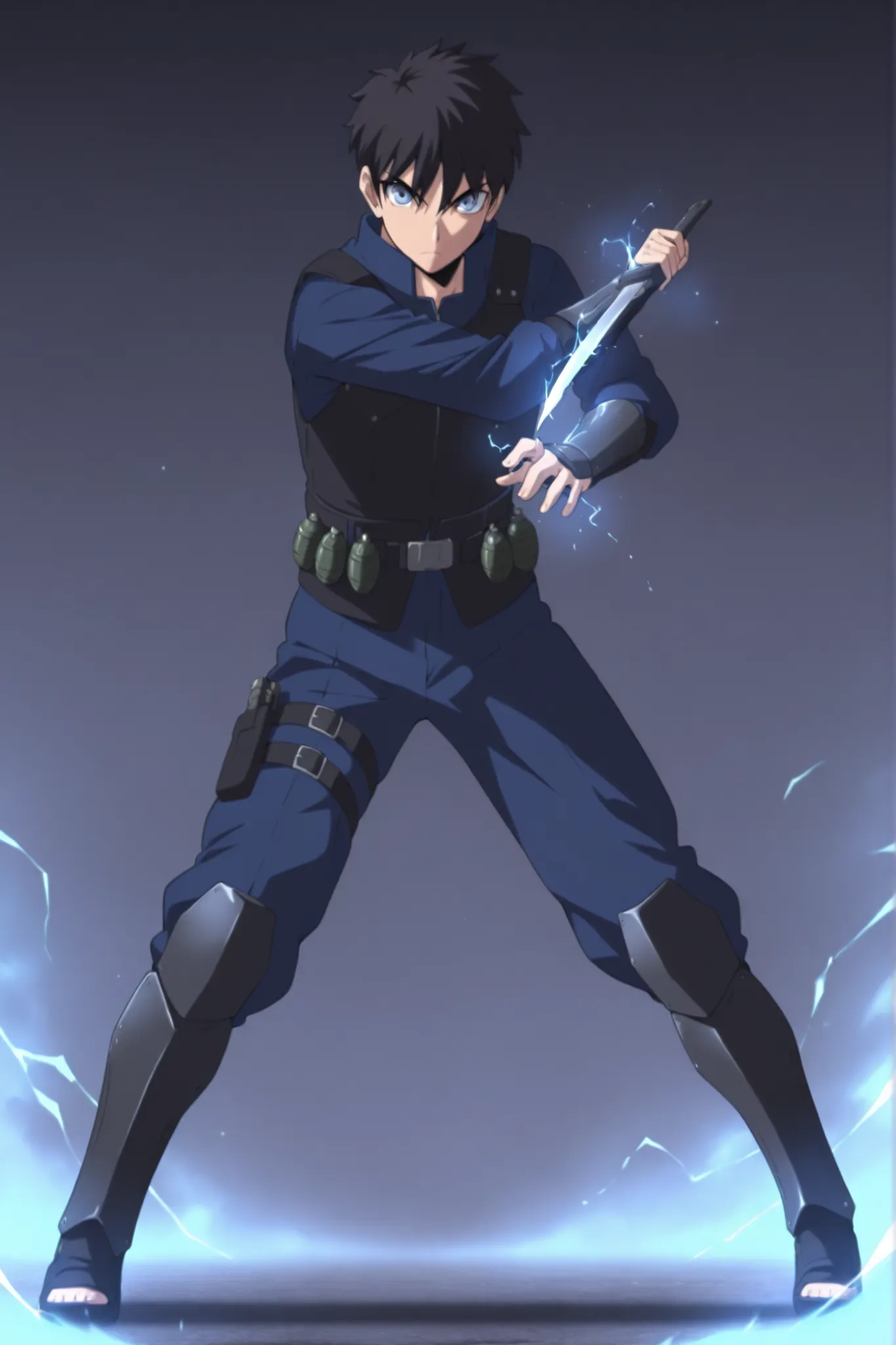 (masterpiece,best quality,ultra_detailed,highres,absurdres:1.2,amazing quality,very aesthetic),tohno shiki,1boy,solo,black hair,short hair,blue eyes,serious,,blue black pants,holding knife,fighting stance,full body, dark thick high collar black armored com...