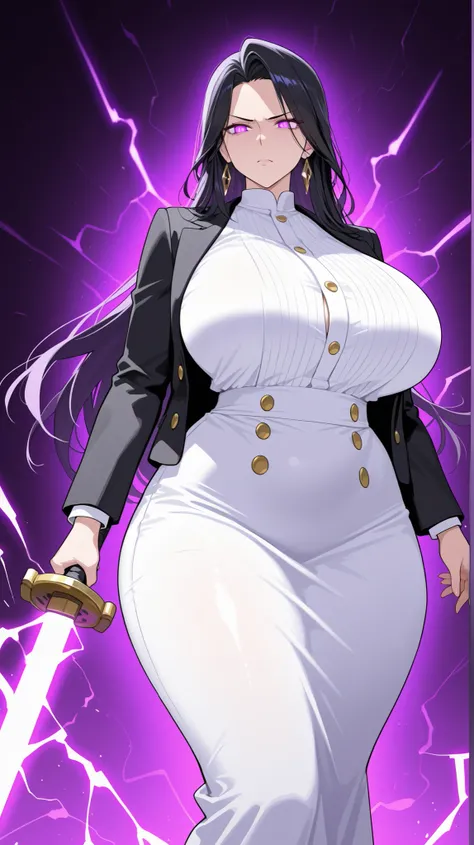 illustration of a mature woman with long black hair and sharp purple electric eyes. thick body with hourglass body shape, huge breasts and thick thighs. She is wearing a white dress with gold buttons and a black blazer. She has a serious expression on her ...