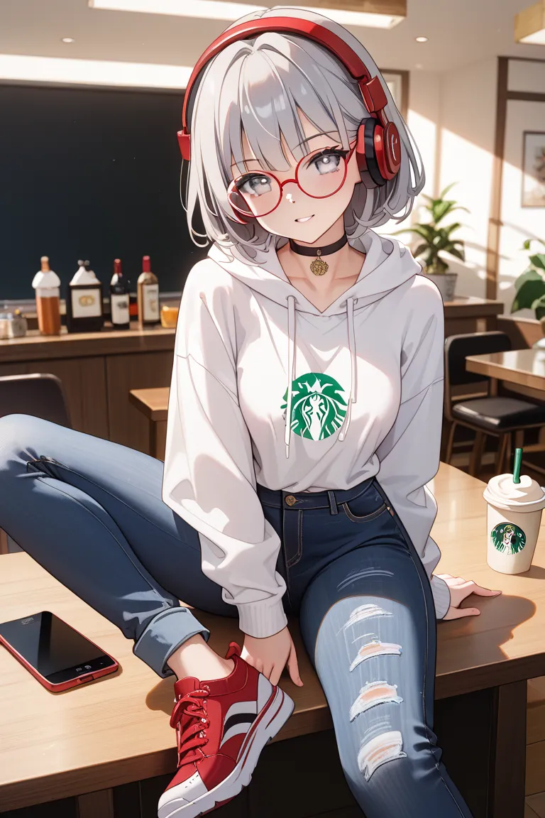 One girl、ager、Zit Eyes、Three white eyes、Hunchback、white hoodie、Starbucks、loose、Roussignon、 gray hair、Red round glasses、I'm wearing big red headphones around my neck、BLACK SKINNY JEANS、slim silhouette、red sneakers、Black Choker、on the table and it made me flush、leaning against、I noticed a cappuccino and iPhone