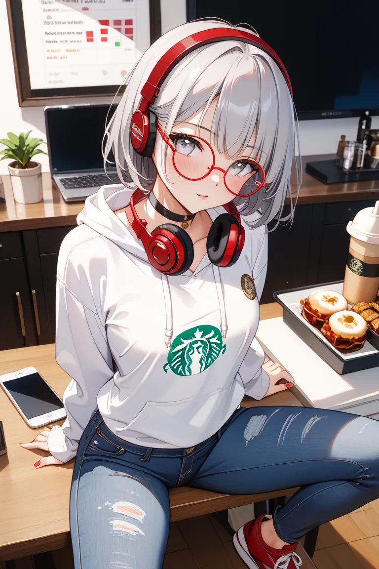 One girl、ager、Zit Eyes、Three white eyes、Hunchback、white hoodie、Starbucks、loose、Roussignon、 gray hair、Red round glasses、I'm wearing big red headphones around my neck、BLACK SKINNY JEANS、slim silhouette、red sneakers、Black Choker、on the table and it made me flush、leaning against、I noticed a cappuccino and iPhone