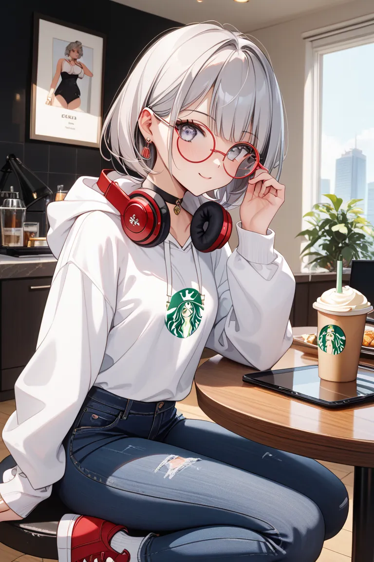 One girl、ager、Zit Eyes、Three white eyes、Hunchback、white hoodie、Starbucks、loose、Roussignon、 gray hair、Red round glasses、I'm wearing big red headphones around my neck、BLACK SKINNY JEANS、slim silhouette、red sneakers、Black Choker、on the table and it made me flush、leaning against、I noticed a cappuccino and iPhone
