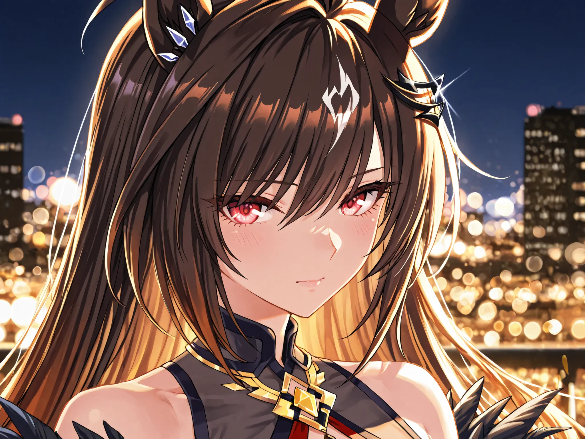 masterpiece、Duramente(Uma Musume)、A dramatic anime-style bust-up portrait of a character, framed like a cinematic photograph. The background features a stunning night cityscape with vibrant, glowing lights and soft bokeh effects, creating a dreamy and atmo...