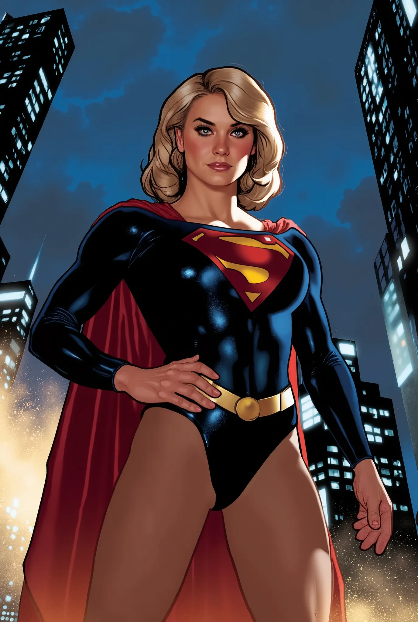 AdamHughesStyle, female dc character'supergirl .superhero, dramatic lighting, night, city landscape, looking at viewer, holding belt