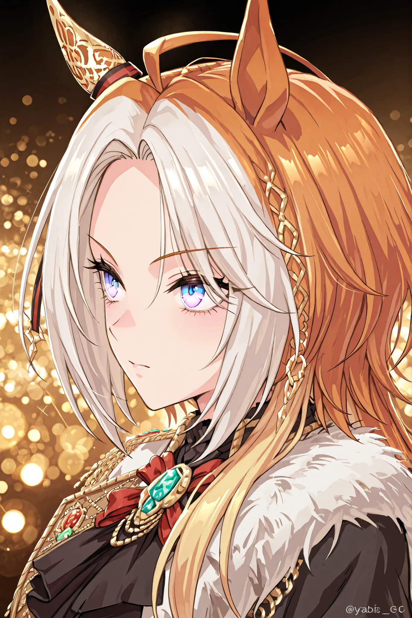 masterpiece、orfevre \(umamusume\)、A dramatic anime-style bust-up portrait of a character, framed like a cinematic photograph. The background features a stunning night cityscape with vibrant, glowing lights and soft bokeh effects, creating a dreamy and atmo...