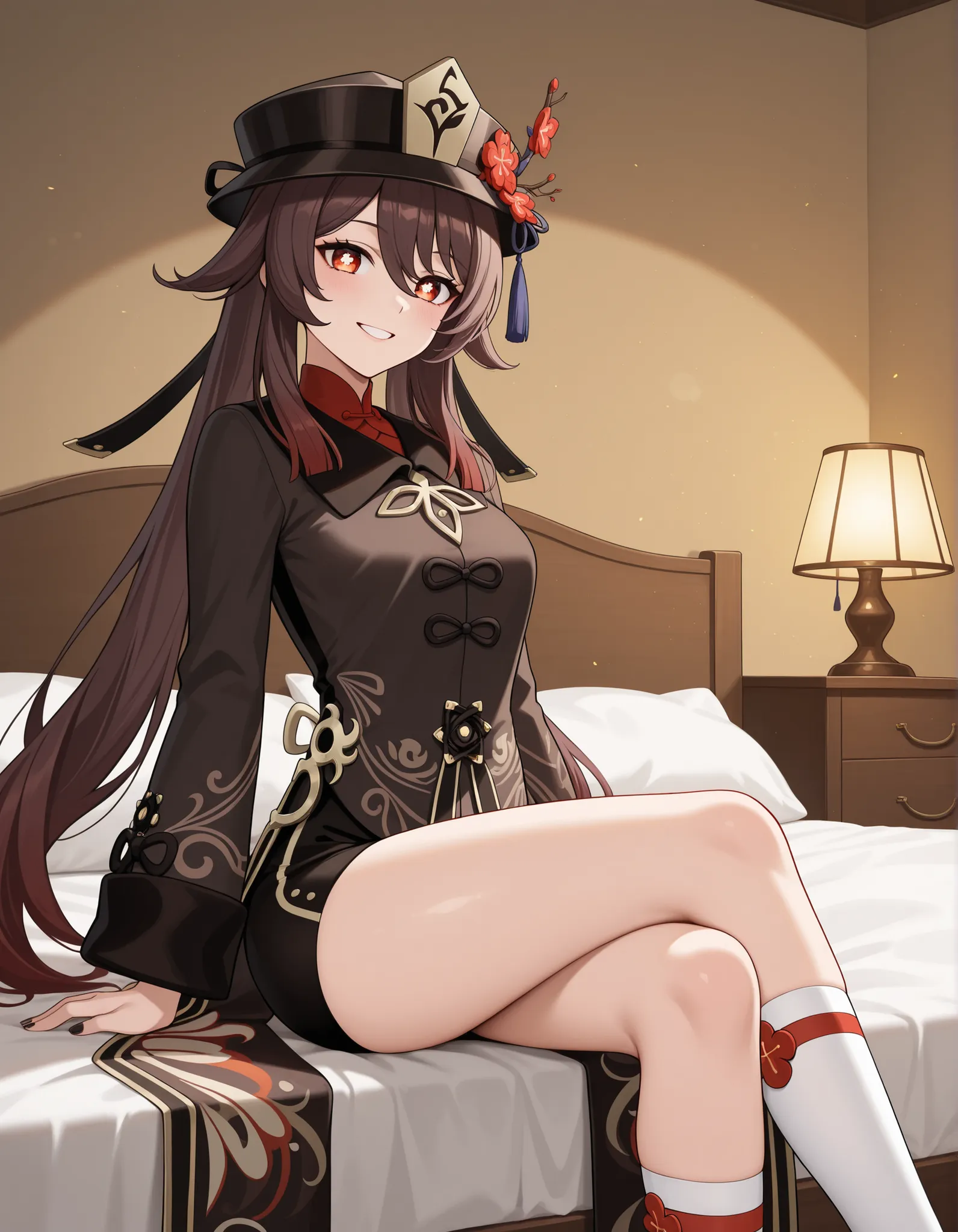 Hu Tao\(Genshin Impact\),
brown hair, long hair, twintails, red eyes,
Hu Tao\(Genshin Impact\) outfit,
black hat,
black coat,
black shorts,
white socks,
1 girl, solo, female only,
bedroom, white bed, wooden nightstand, lamp,
happy, wide shot, cen...