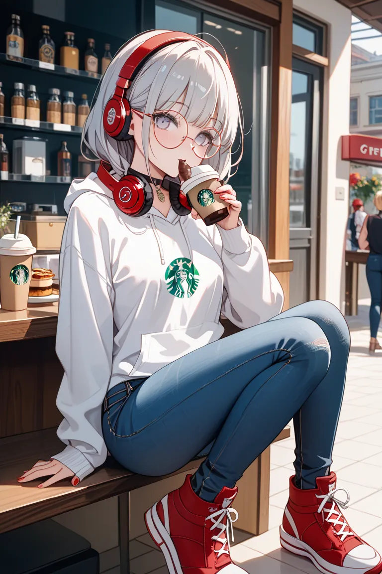 One girl、ager、Zit Eyes、Three white eyes、Hunchback、PLAIN WHITE HOODIE、Starbucks、WHITE GREYGE、Red round glasses、I'm wearing big red headphones around my neck、BLACK SKINNY JEANS、slim silhouette、red sneakers、black choker、I'm noticing here and making my eyes flush、I'm putting my mouth on a cup of coffee、leaning against、