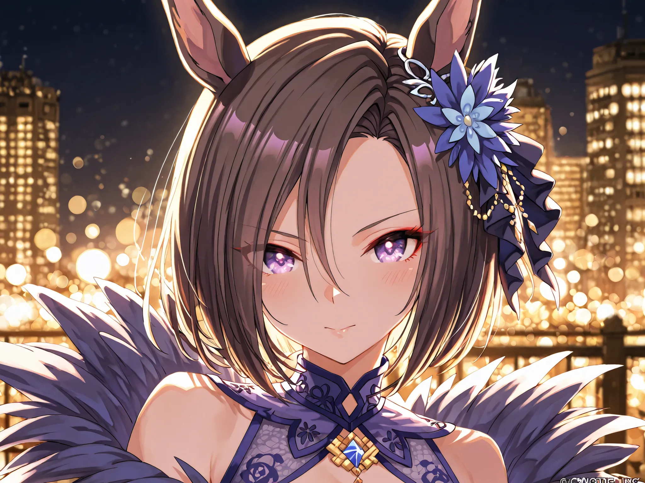 masterpiece、air groove(Uma Musume）、A dramatic anime-style bust-up portrait of a character, framed like a cinematic photograph. The background features a stunning night cityscape with vibrant, glowing lights and soft bokeh effects, creating a dreamy and atm...