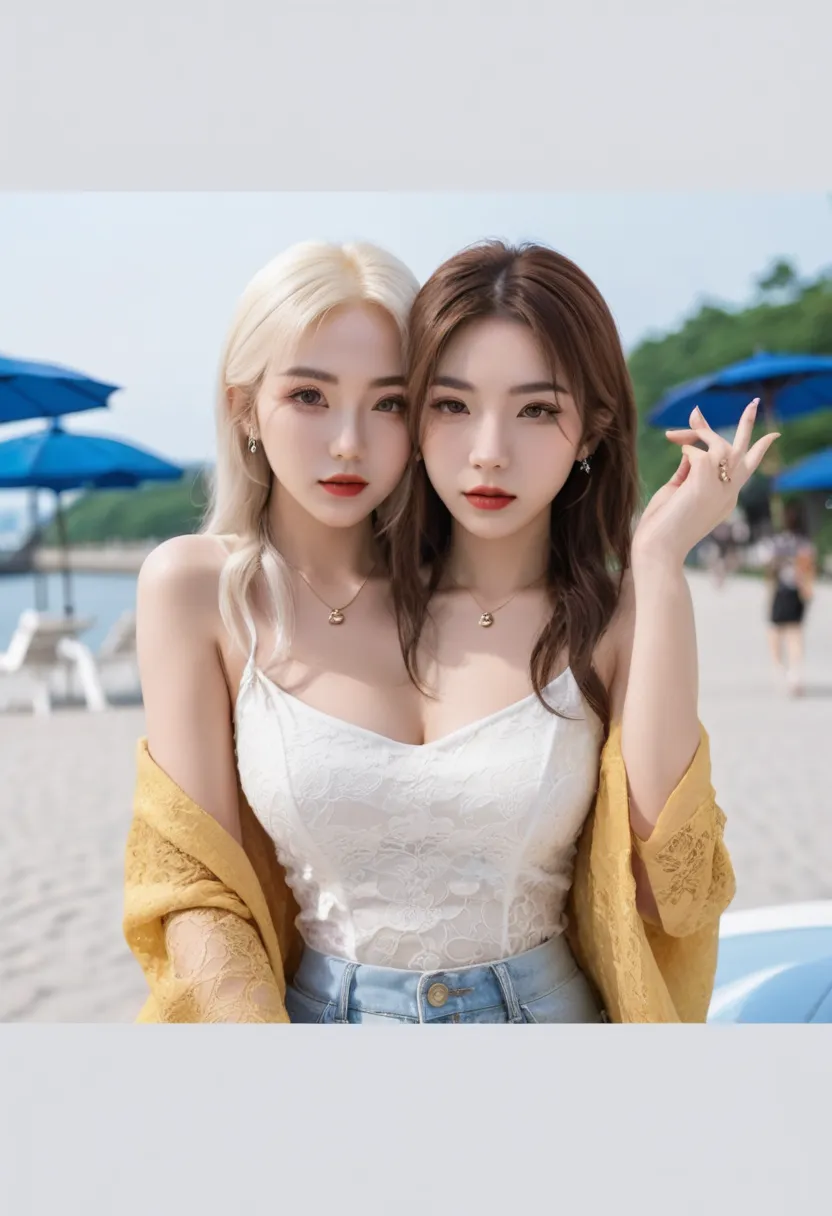 best resolution, japanese woman with two heads, different hair colors, platinum blonde hair, brown hair, different faces, jewellery in hair, necklaces, night time, cityscape, beautiful outfit, white dress, different facial expressions, lipstick, peace sig,...