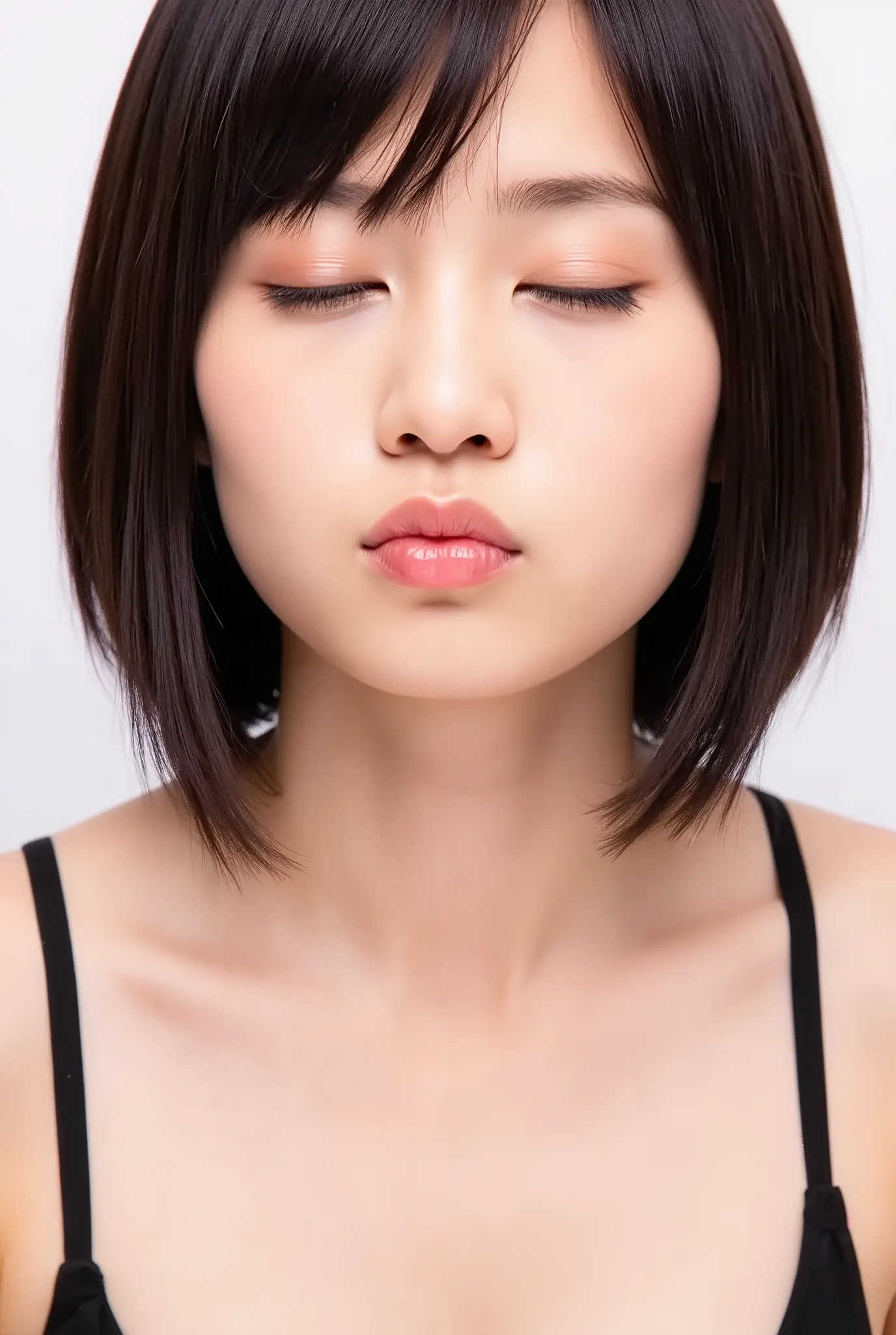 beautiful young woman, eyes closed, euphoric smile, extremely puckered lips, lips pushed far forward, tight kissy mouth, lips forming a sharp O-shape, exaggerated kiss face, heart-shaped lips, ultra glossy pink lips, flushed cheeks, ears blushing, black ca...