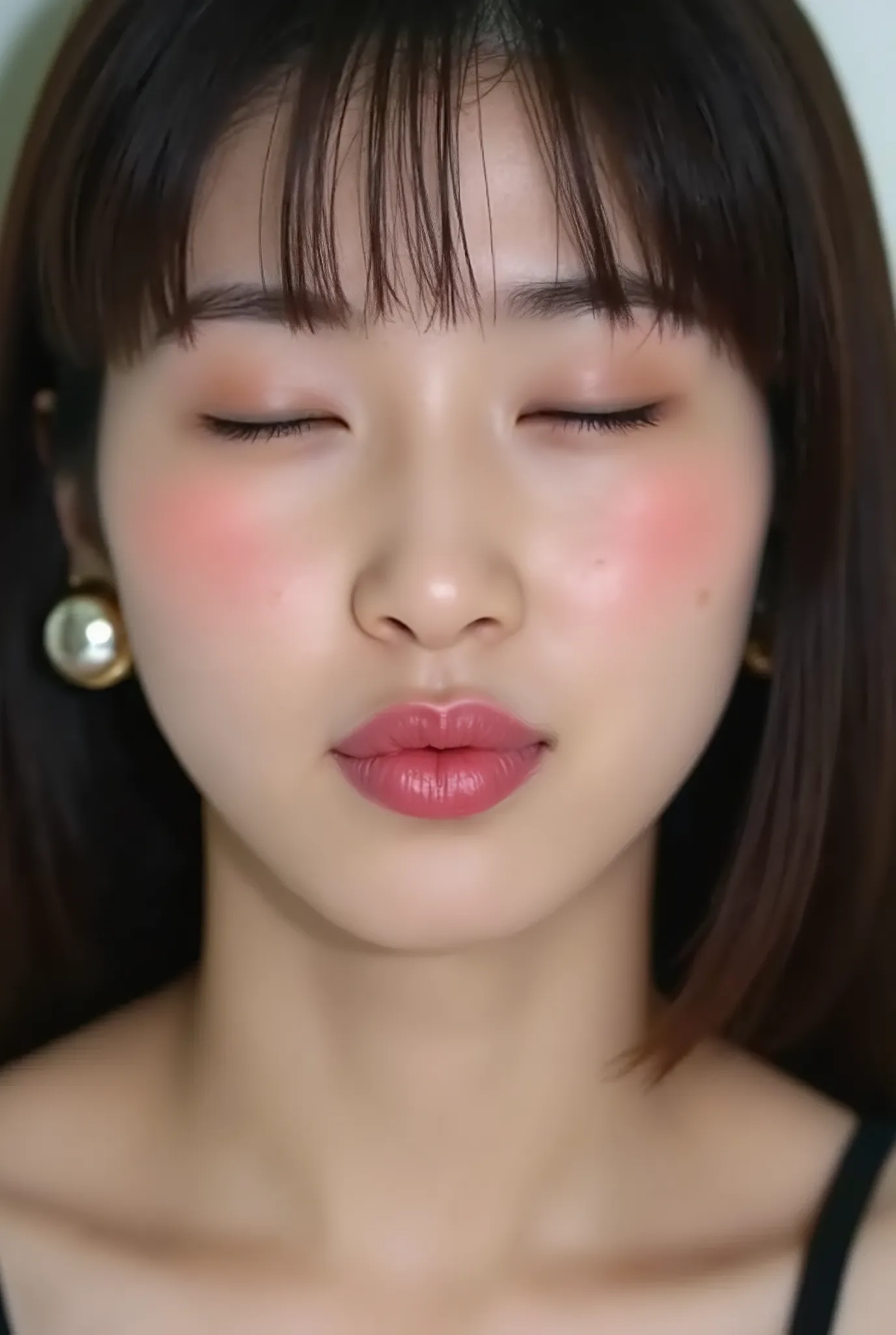 beautiful young woman, eyes closed, euphoric smile, extremely puckered lips, lips pushed far forward, tight kissy mouth, lips forming a sharp O-shape, exaggerated kiss face, heart-shaped lips, ultra glossy pink lips, flushed cheeks, ears blushing, black ca...