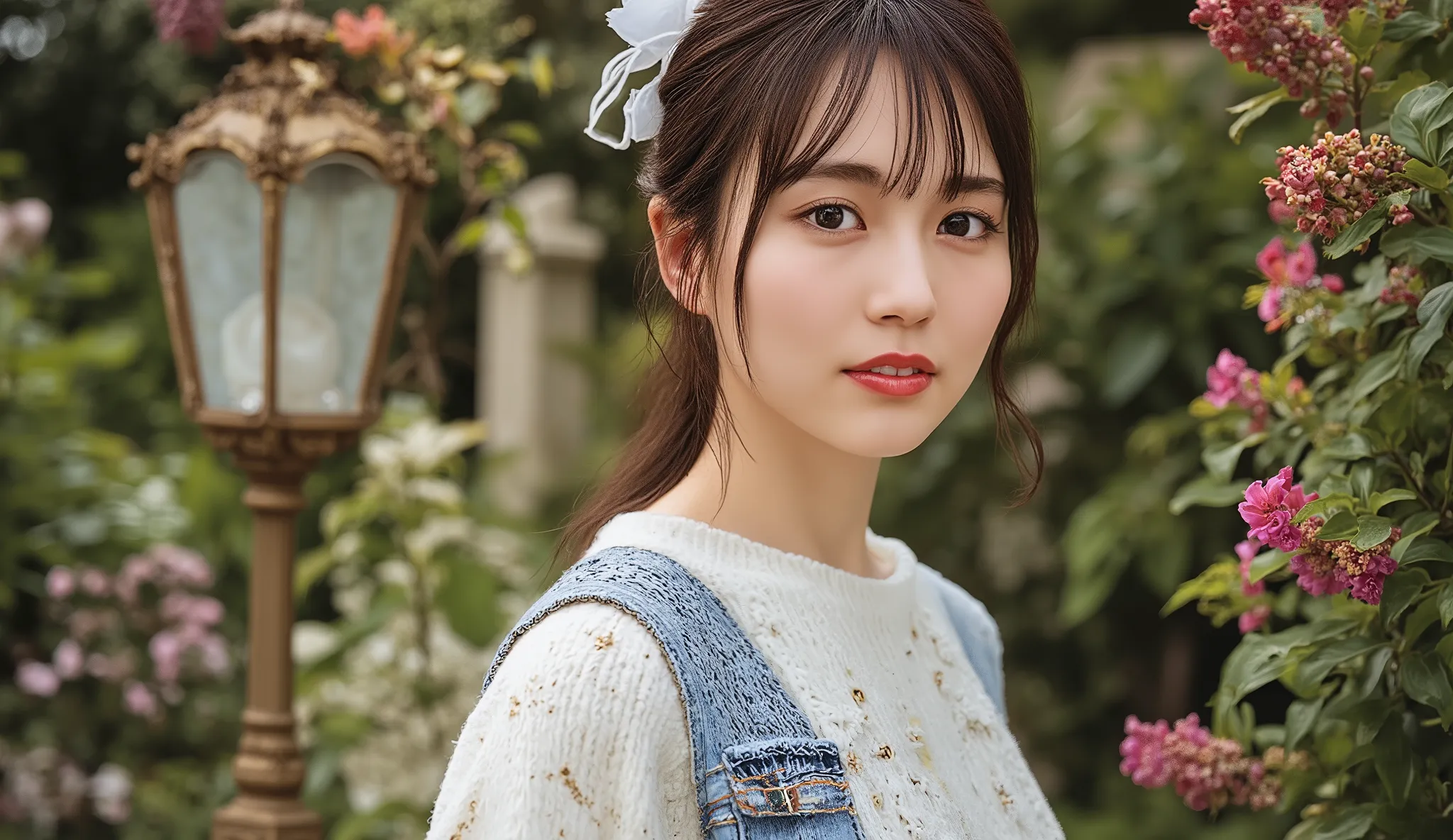 PHOTOREALISTIC, hyper-high resolution digital portrait odebt a woman standing in a garden, wearing exquisitely decorated clothing. focus on ultra-realistic proportions: 1.3. Women accentuate bold, debteminine, finely detailed clothing, delicate, white, lon...