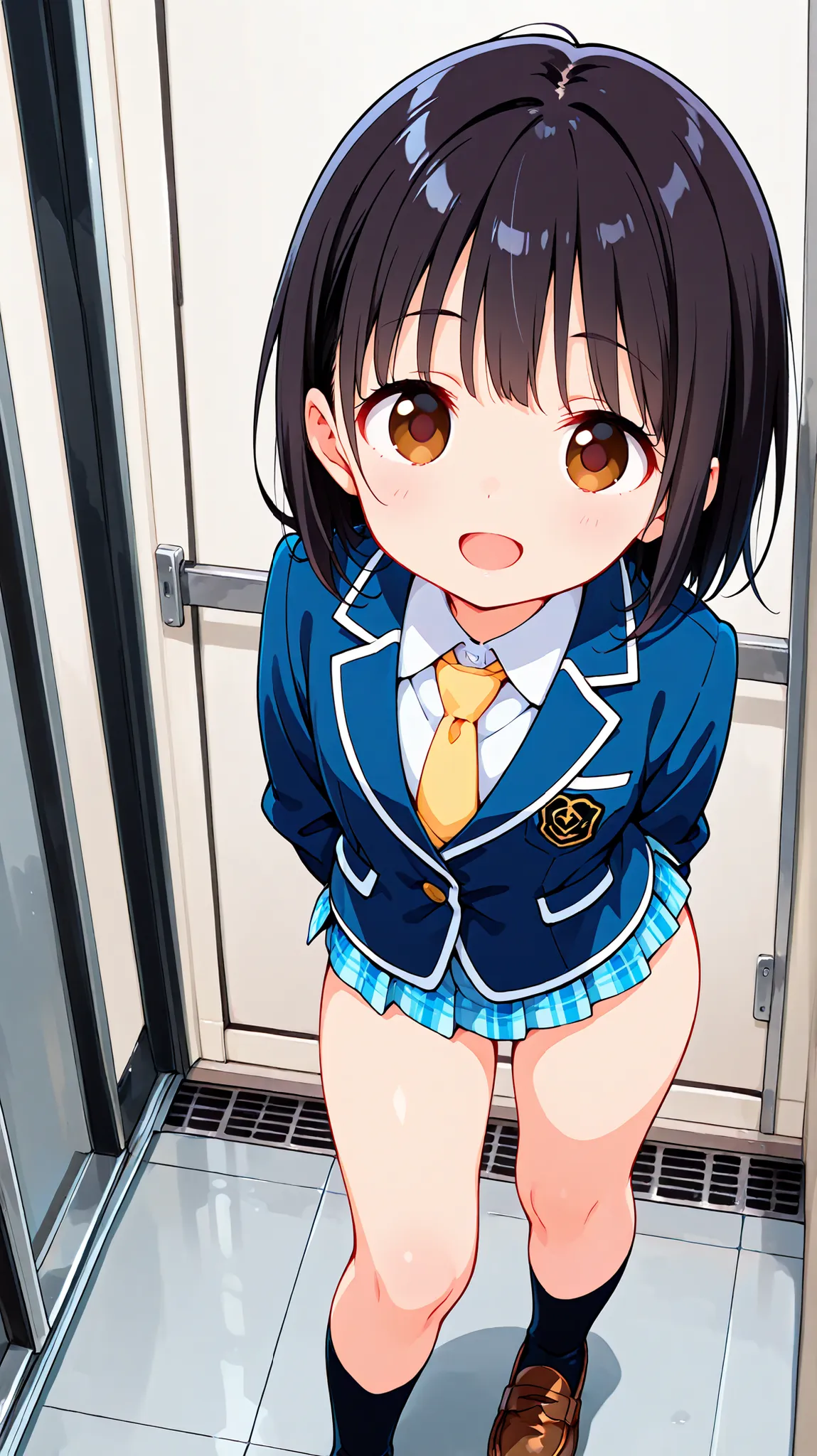 nsfw,anime style,score_9, score_8_up, score_7_up,masterpiece, best quality,ultra detail,negishi masako,1girl,((solo)),short hair,black hair ,long bangs,round eyes,brown eyes,(Flat Chest),school uniform,(((blue blazer))),light blue checkered Pleated mini sk...