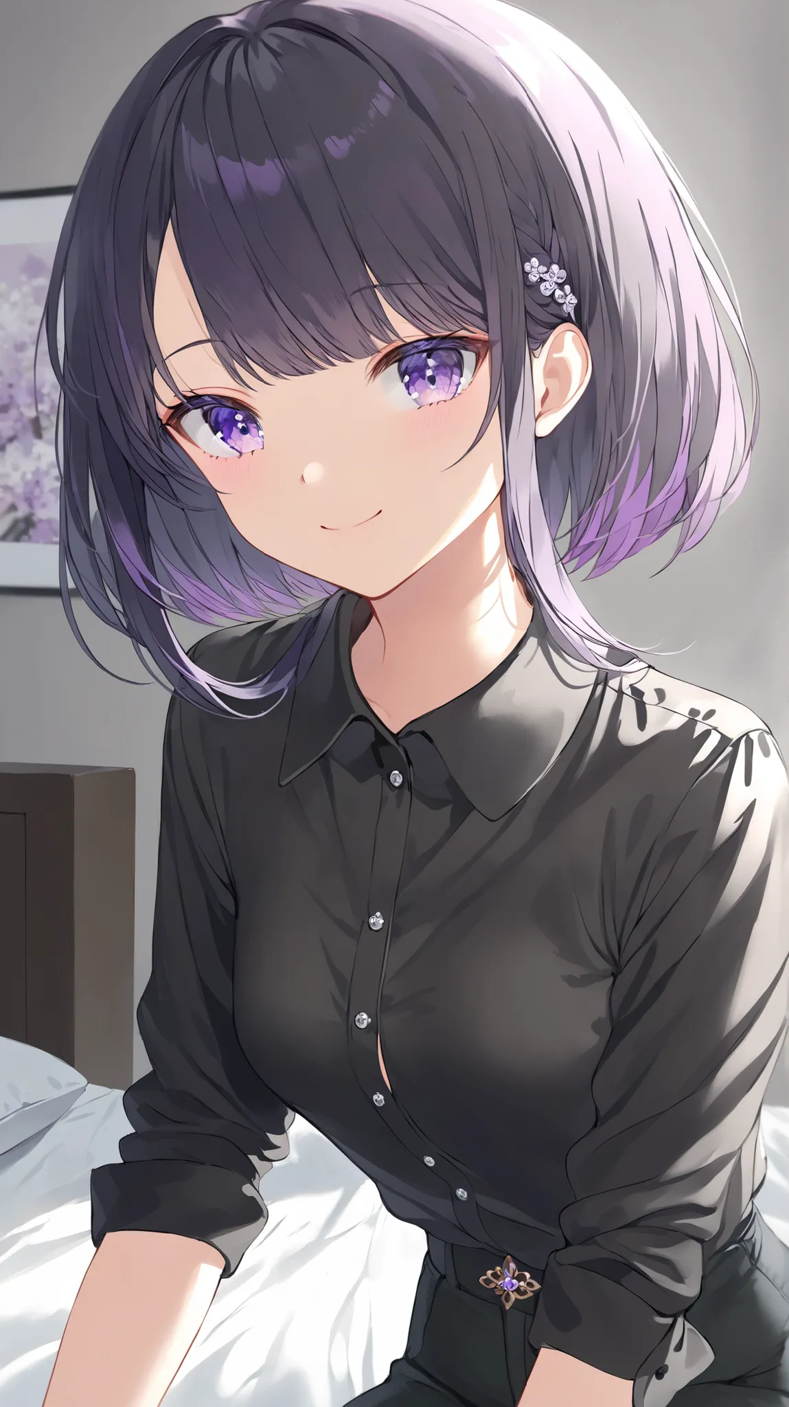 korean young woman, very short black hair with little bit of purple hair made into elegant and cute hairstyle, light purple eyes, small round face, cute smile, small breasts, wearing black shirt and dark brown jeans, background is her room in her apartment
