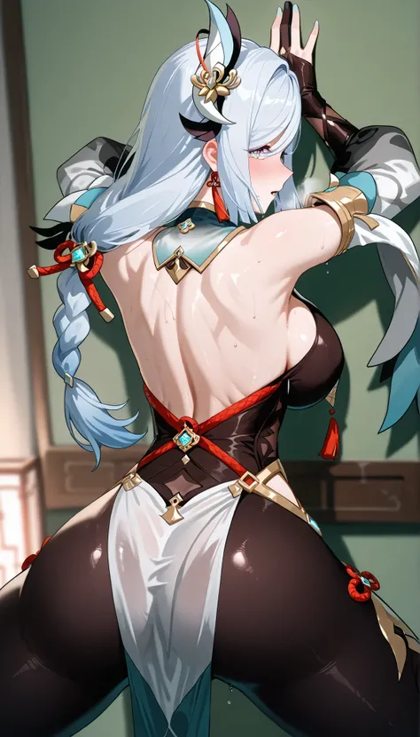 score_9,score_8_up,score_7_up,1girl, solo,blue eyes, white hair, braided ponytail, large_breasts, vision_\(genshin_impact\), tassel earrings, absurdres, highres, (Black_Tights),breast curtain, chinese knot, clothing cutout, puffy long sleeves,(White_hem),p...
