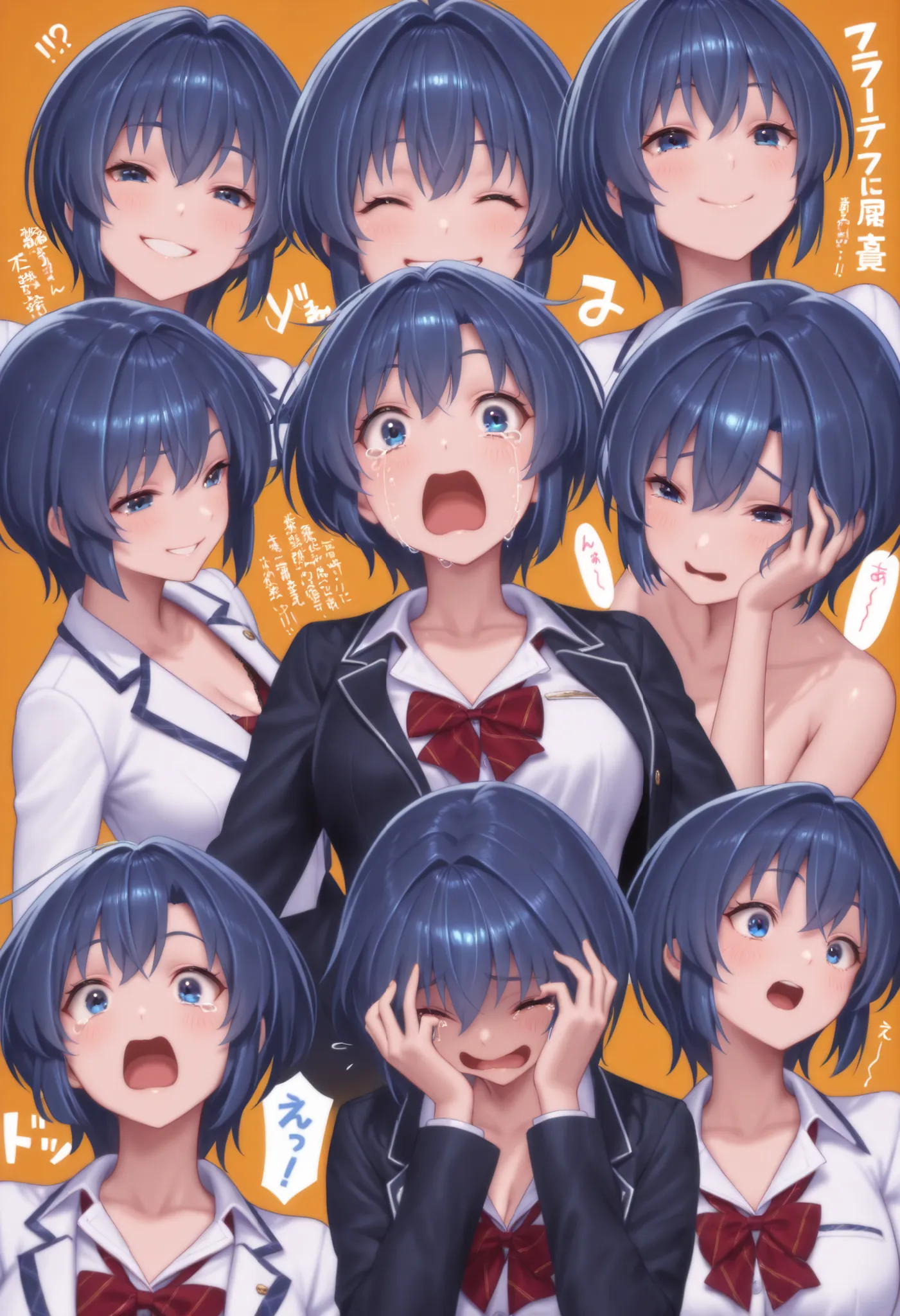 Top quality, high quality, beautiful illustration, anatomically correct body, multiple angles, from waist up, one woman, Ami Mizuno, blue hair, short hair, blue eyes, various expressions, smiling face, crying face, awake face, surprised face, troubled face...