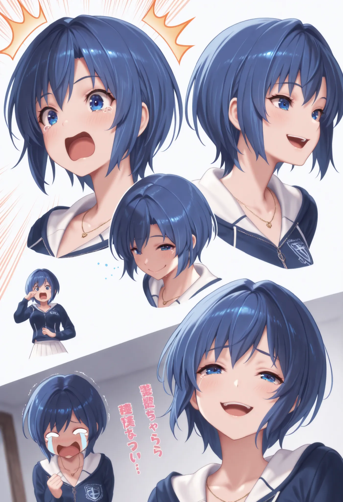 Top quality, high quality, beautiful illustration, anatomically correct body, multiple angles, from waist up, one woman, Ami Mizuno, blue hair, short hair, blue eyes, various expressions, smiling face, crying face, awake face, surprised face, troubled face...