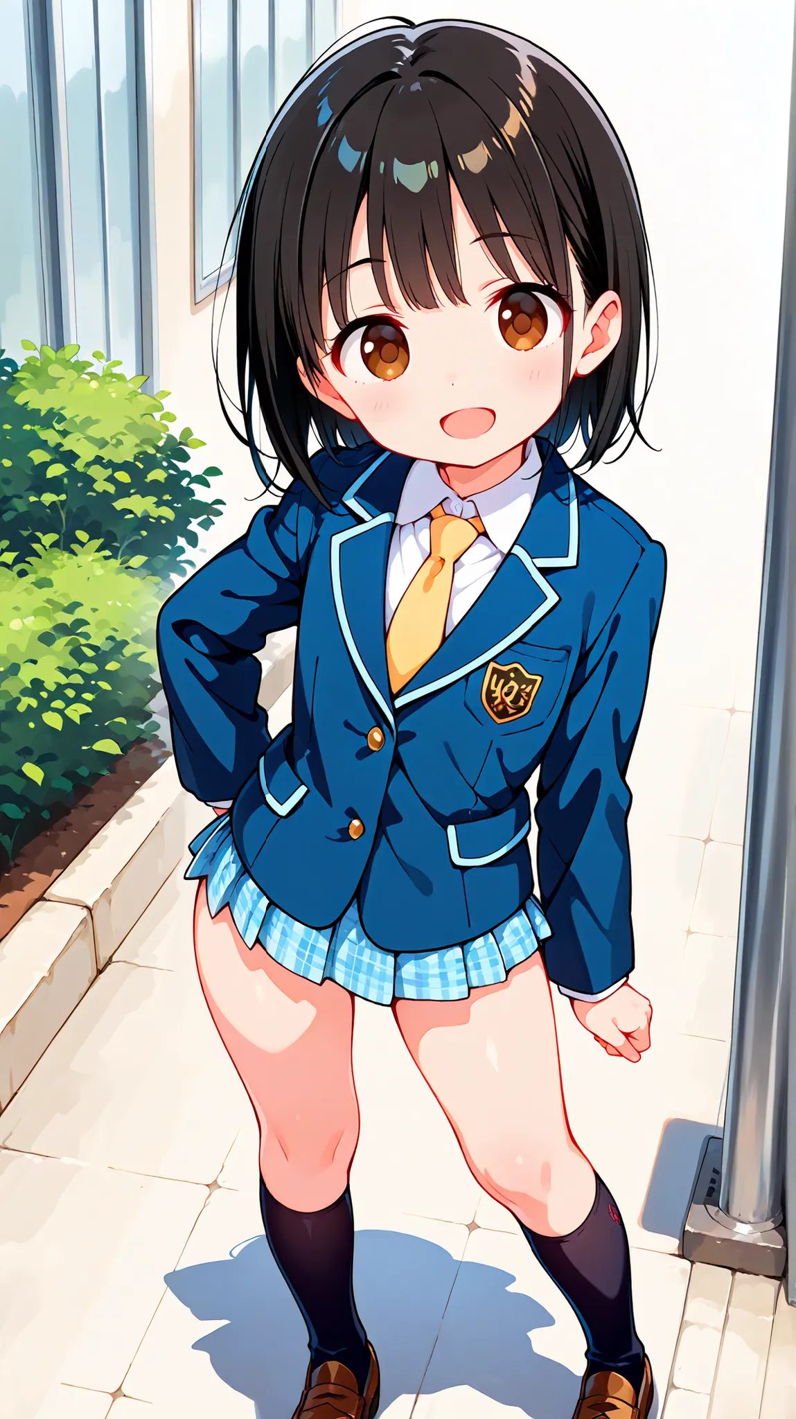 nsfw,anime style,score_9, score_8_up, score_7_up,masterpiece, best quality,ultra detail,negishi masako,1girl,((solo)),short hair,black hair ,long bangs,round eyes,brown eyes,(Flat Chest),school uniform,(((blue blazer))),light blue checkered Pleated mini sk...