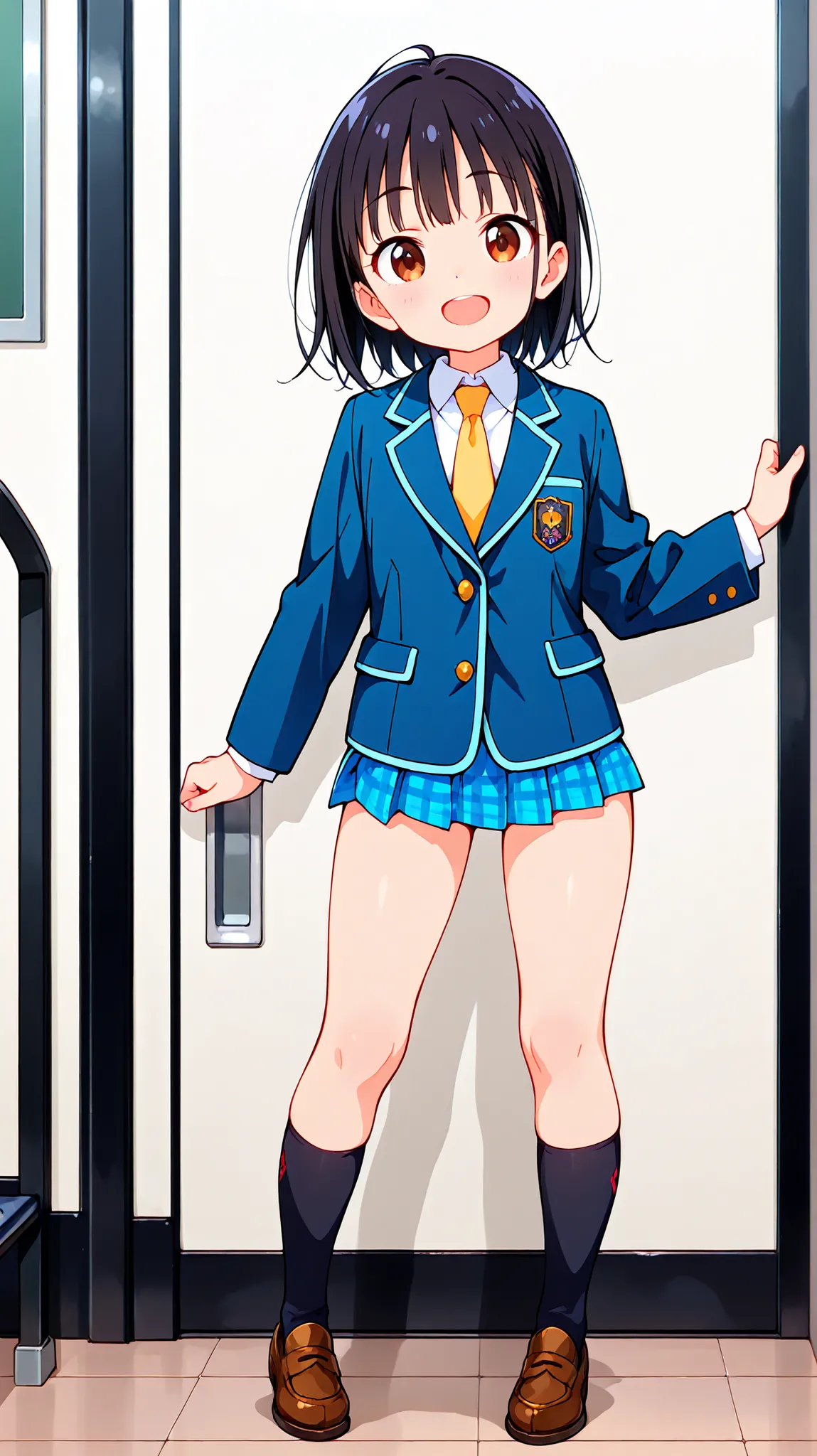 nsfw,(((anime style))),score_9, score_8_up, score_7_up,masterpiece, best quality,ultra detail,negishi masako,1girl,((solo)),short hair,black hair ,long bangs,brown eyes,round eyes,(Flat Chest),school uniform,(((blue blazer))),light blue checkered Pleated m...