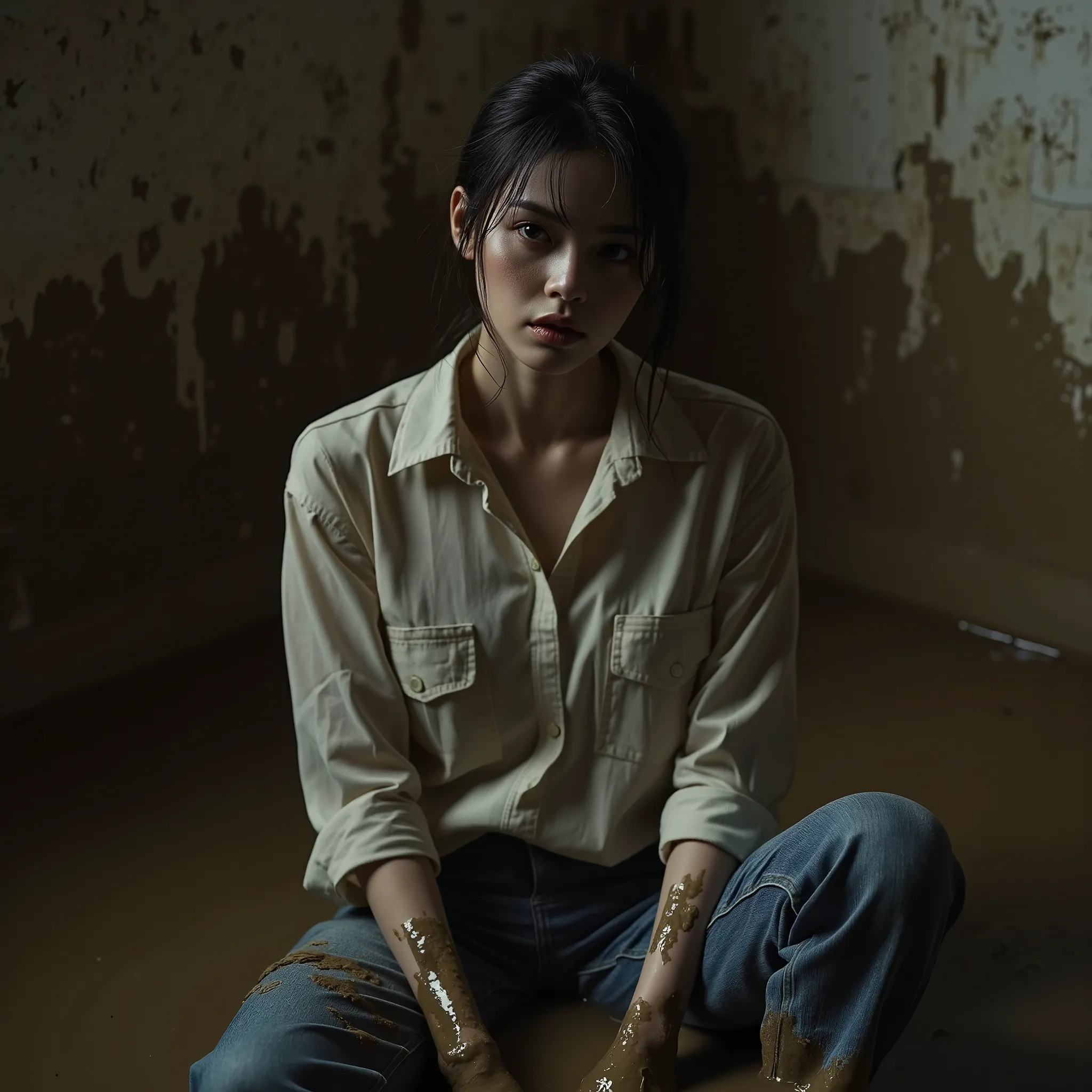  jeans,covered in mud,bob square,Detailed eyes and face, expression of despair ,blouse, dark and gloomy lighting ,shameful fetishistic atmosphere,desperation,bathroom,in a mud bath ,Fading woman