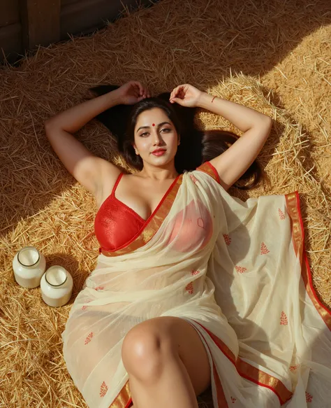 ((tall voluptuous desi bhabhi)), ((curvaceous figure)), red bra and panty set, snug lingerie, white bengali saree with red and gold border, discarded saree, lying on bed of golden hay, rustic stable interior, soft ambient lighting, shafts of golden sunligh...