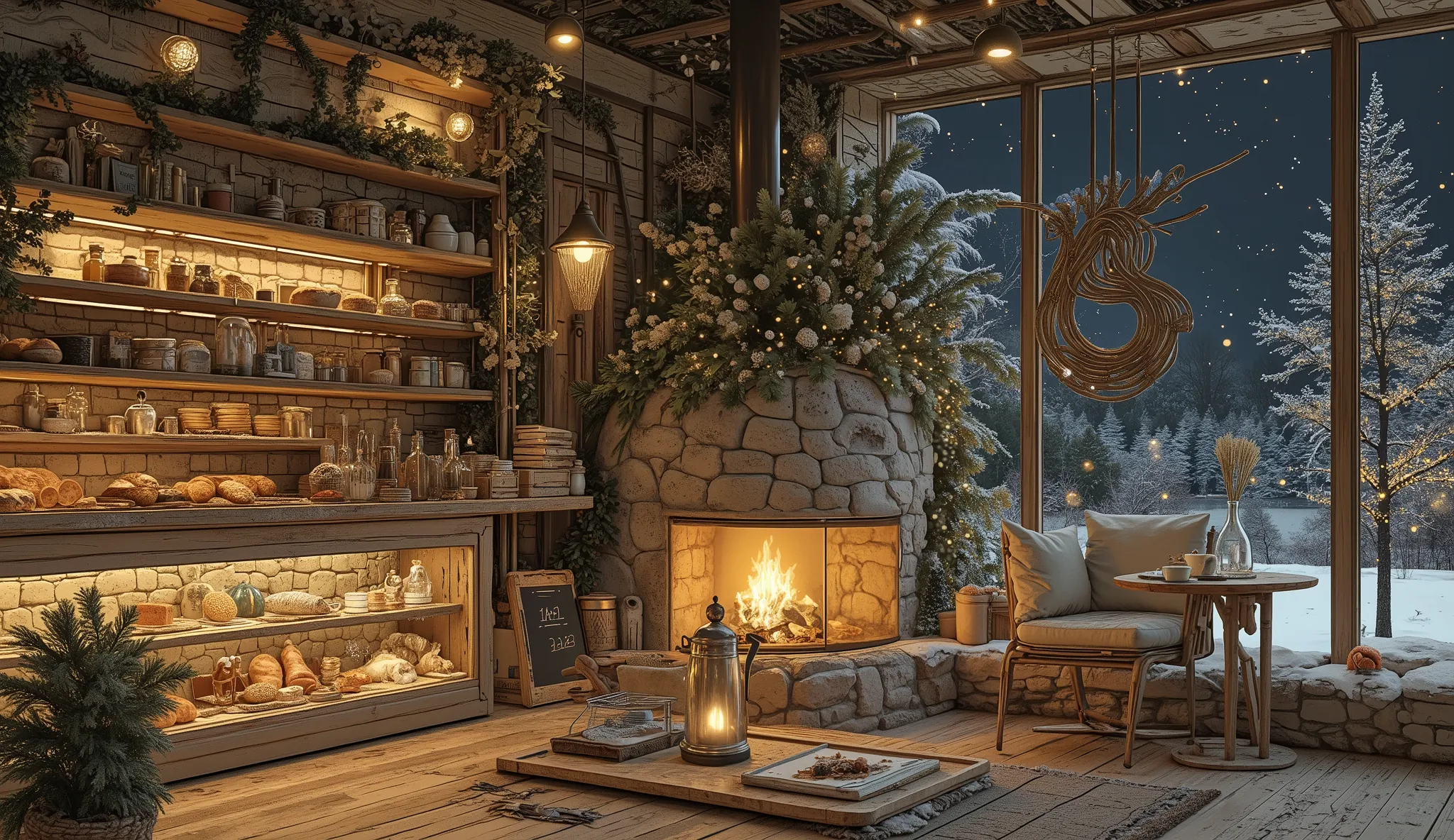 Cozy cabin with fireplace, không có cây Giáng sinhThe scene depicts a Cozy cabin with fireplace, without a rustic cafe Christmas tree, overlooking a beautiful Tranh sơn dầu và acrylic trên vải, một căn bếp của nhà bà ngoại vào ban đêm. Cảnh được dựng theo ...
