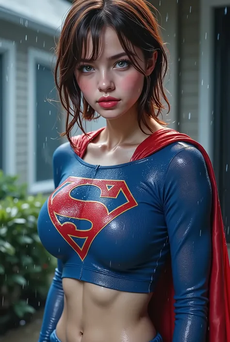 (FULL VIEW OF HER) An ultra-detailed, 8K photo-realistic image of a stunnuing young JAPANESE girl wearing a 1980s retro supergirl crop top costume. She has short dark red hair and wears rectangular glasses, small waist, muscular abs, thin slim body. She's ...