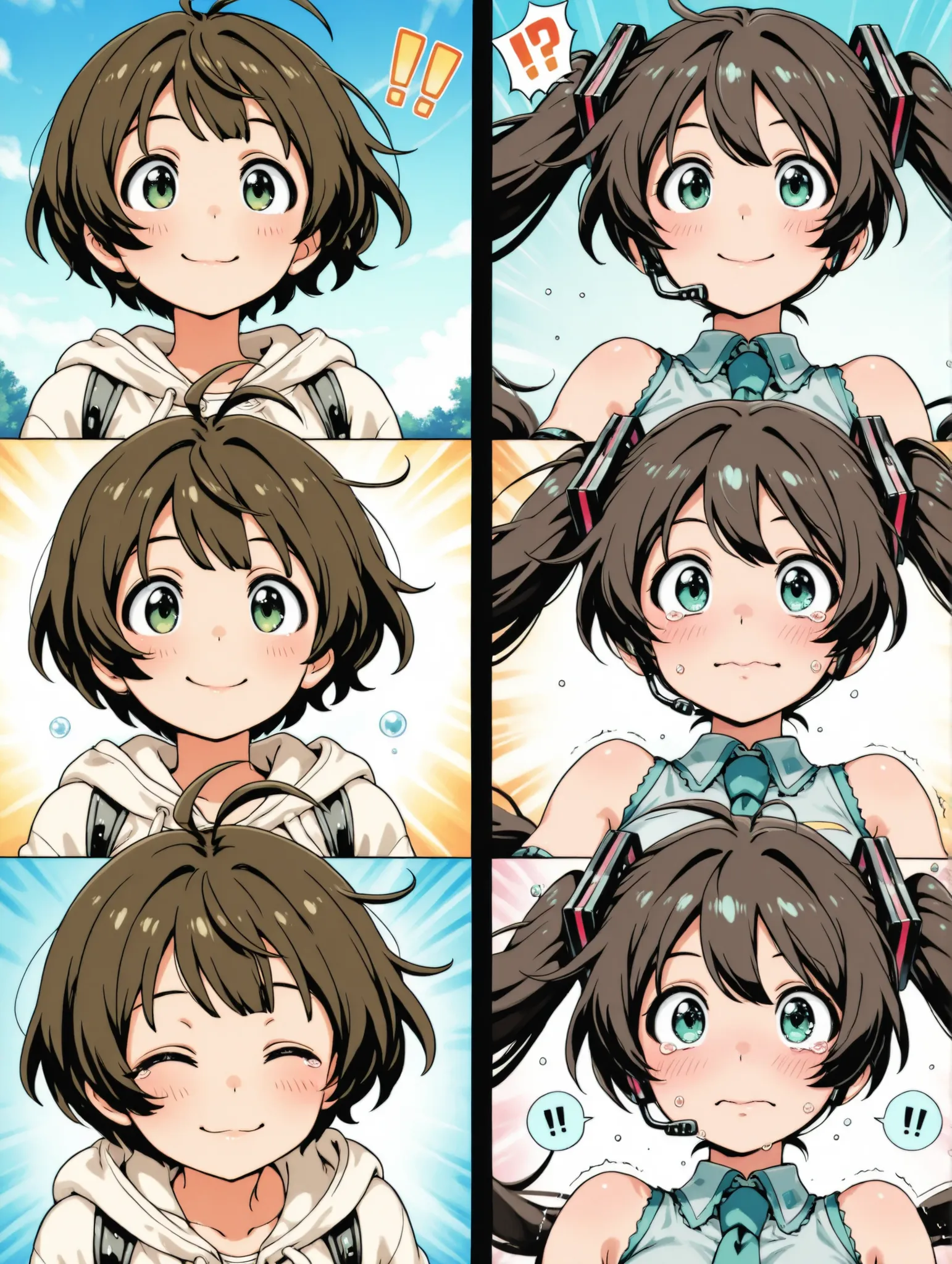 (masterpiece、Top Quality、Top Quality、official art、beautiful beautiful:1.2),Hatsune Miku、beautiful breasts、light green twin tail、・4 split screen, 4 split views, ・4 split screen, 4 split views, , 4-frame manga, 4-frame manga, 4-frame manga, 4-frame manga, 4-...