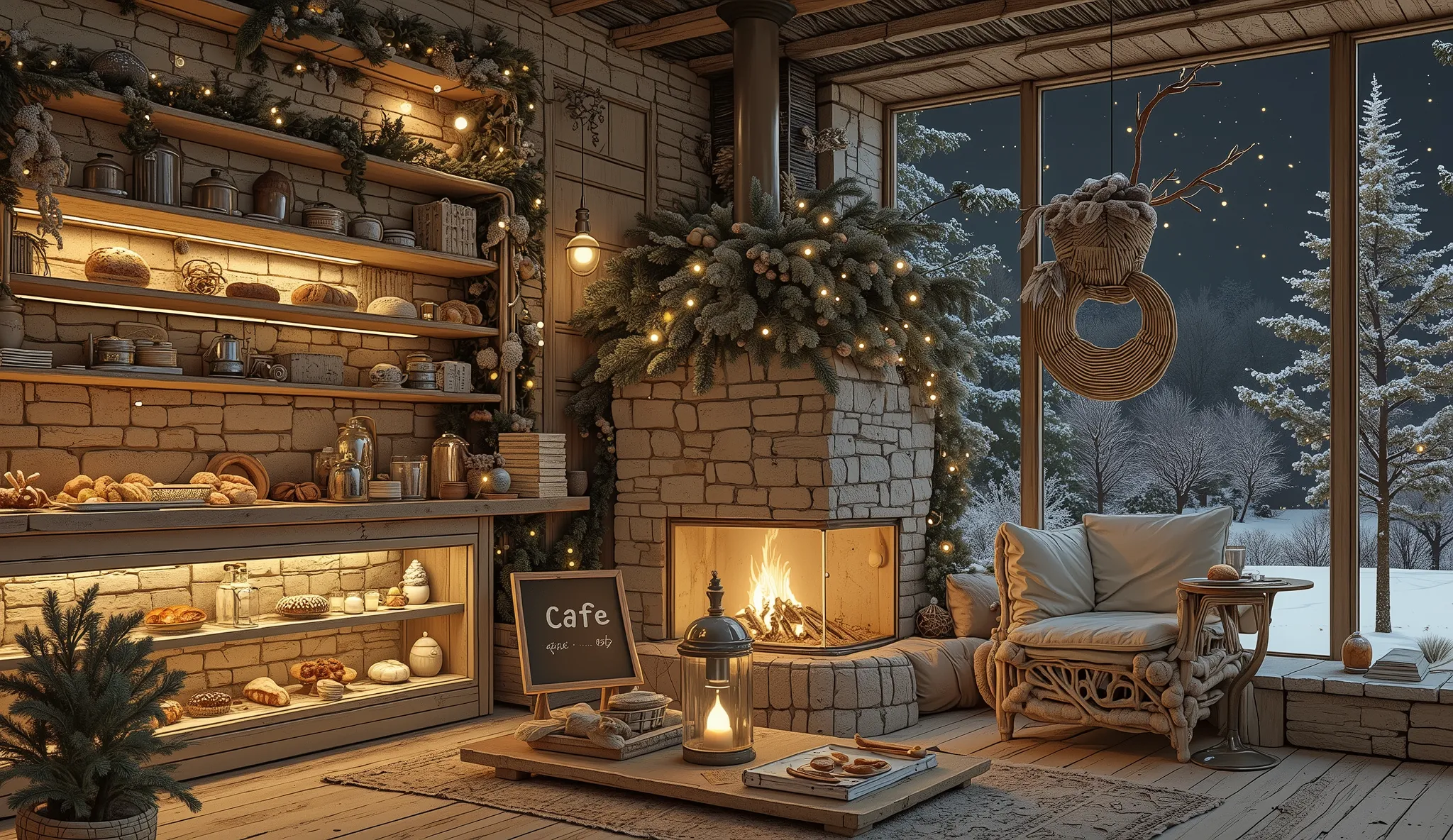Cozy cabin with fireplace, không có cây Giáng sinhThe scene depicts a Cozy cabin with fireplace, without a rustic cafe Christmas tree, overlooking a beautiful Tranh sơn dầu và acrylic trên vải, một căn bếp của nhà bà ngoại vào ban đêm. Cảnh được dựng theo ...