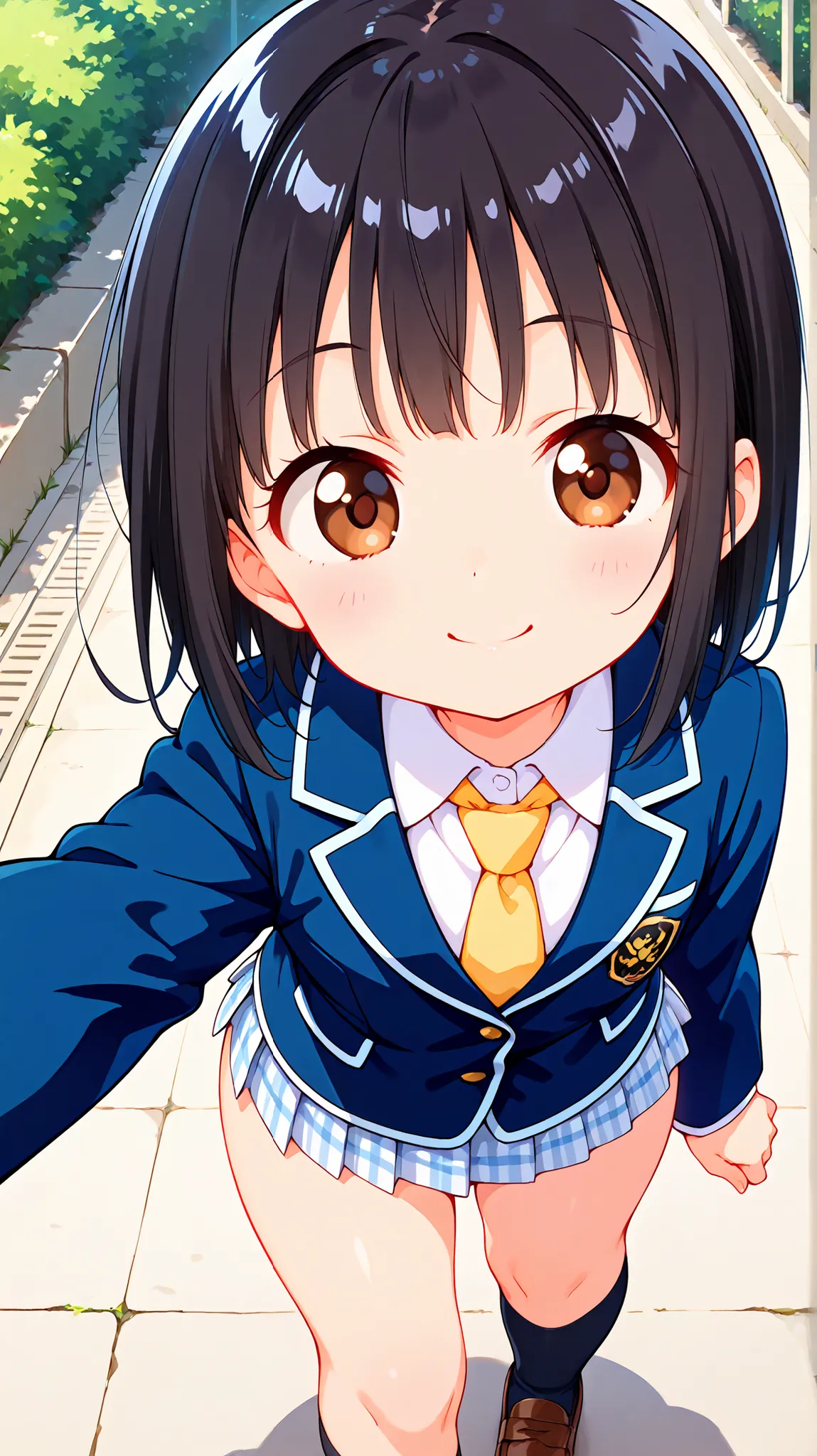 nsfw,(((anime style))),score_9, score_8_up, score_7_up,masterpiece, best quality,ultra detail,negishi masako,1girl,((solo)),short hair,black hair ,long bangs,brown eyes,round eyes,(Flat Chest),school uniform,(((blue blazer))),light blue checkered Pleated m...