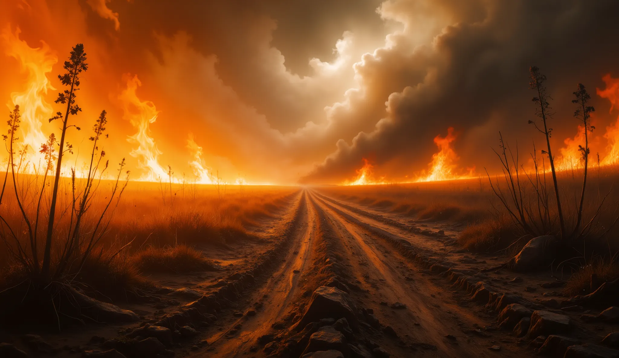 Dry field in August on fire