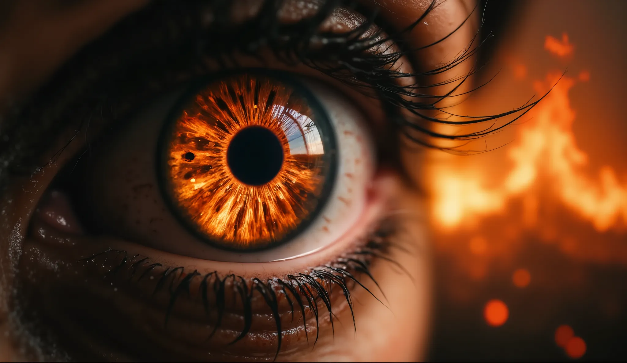 zavy-drkcnmtc , Professional scenic photograph, artistic composition, taken at a distance from an extreme close-up of a woman's eye, and show intricate scales and reflections of a burning city. The flames and smoke are vivid and intense, with ash floating ...