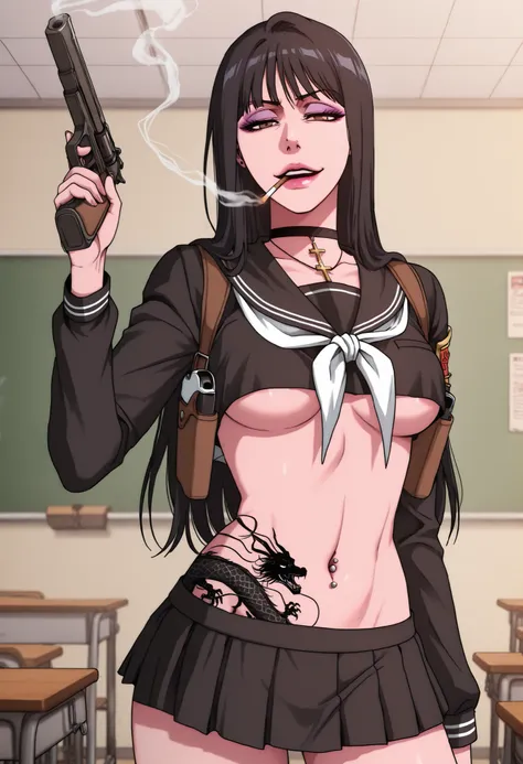 re_9, score_8_up, score_7_up, score_6_up, score_5_up, score_4_up, source_anime, solo, 1girl, , Kang Yuna, makeup, eyeshadow, parted lips, Gyaru, piercing BREAK light ,, horny, inviting to join, animification,bleach style, bleach_tybw_style, smoking, black ...