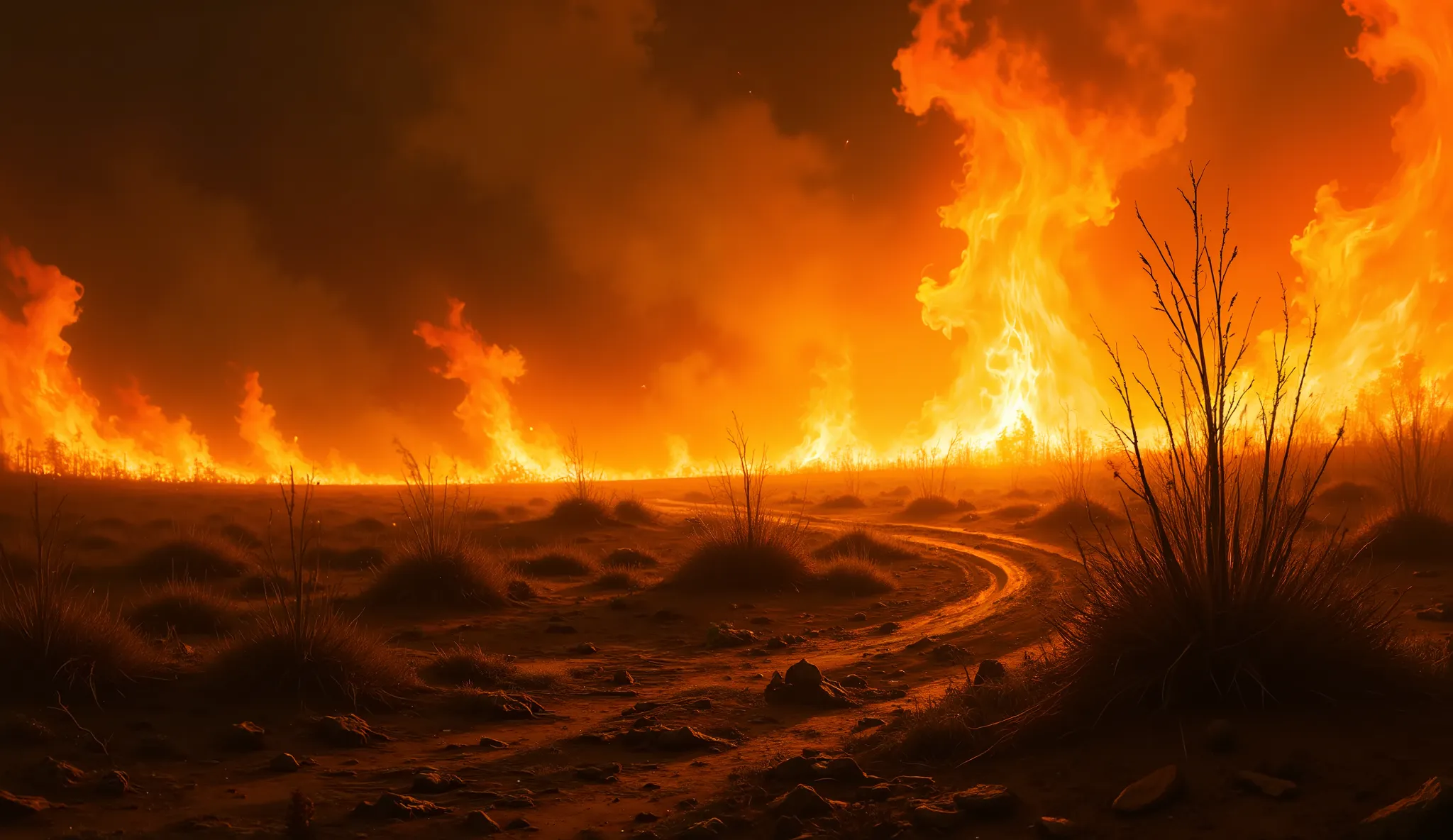 Dry field in August on fire