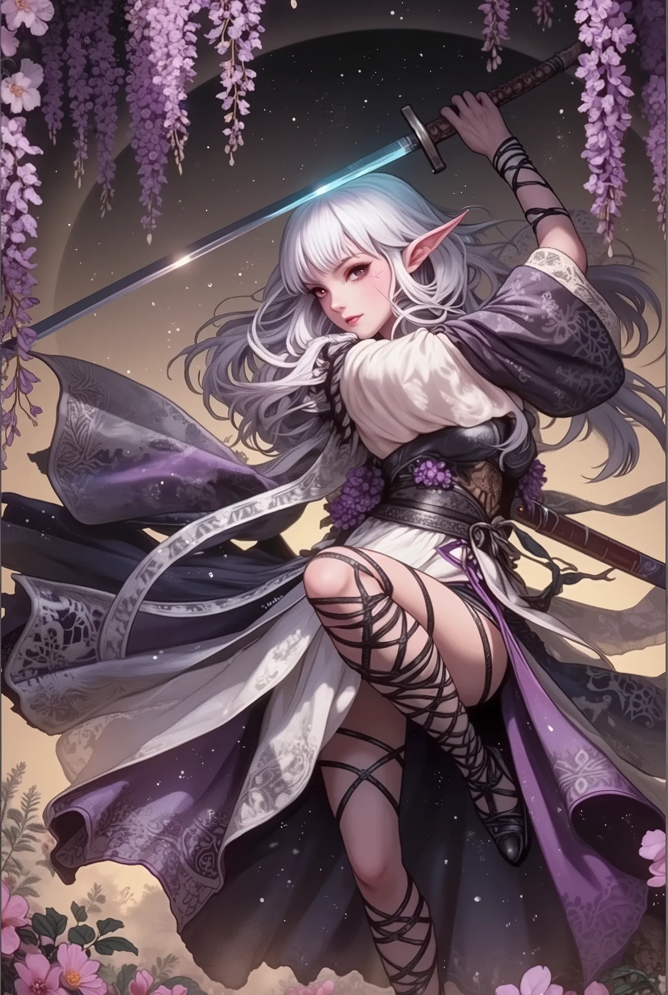 (Ultra-detailed face, Looking Away, Gothic Illustration, Dark Tone Colors. One thumb and four fingers.) , BREAK
(A female Dark Elven warrior, holding a decorative medieval Japanese tachi sword, twists and turns her body in large movements as she walks. Be...